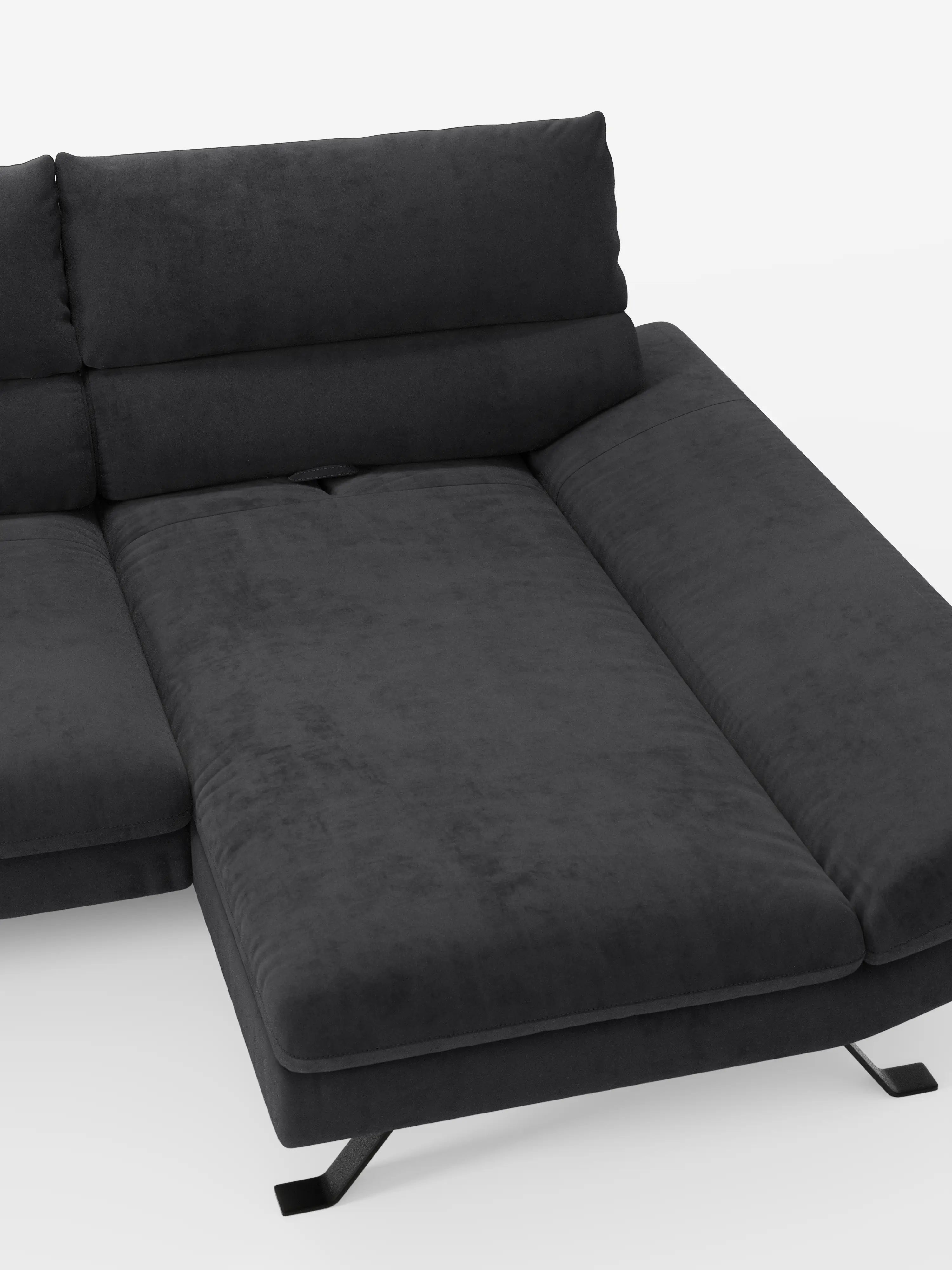 Vi presentiamo Eclipse, il divano angolare con penisola e schienali traslanti in microfibra tecnica smacchiabile T11 di Divani.Store: un divano componibile contemporaneo in grigio scuro con cuscini ampi e morbidi e una chaise longue allungata. Rivestito in morbida e vellutata microfibra tecnica, questo divano presenta linee pulite, poggiatesta regolabili e gambe angolari in metallo. Si distingue su uno sfondo bianco che ne accentua il design moderno.