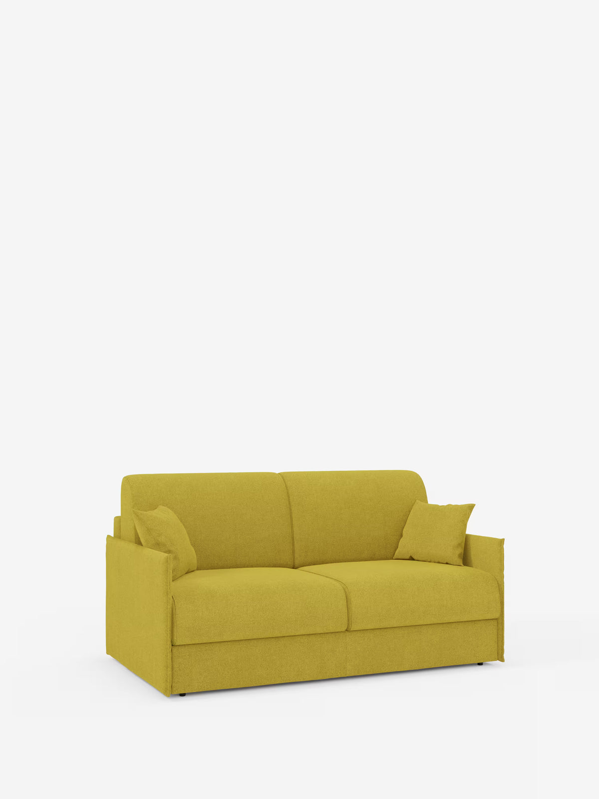 Il divano letto matrimoniale sfoderabile Evans di Divani.Store è presentato in giallo senape, con due cuscini di seduta, due cuscini di schienale e due cuscini decorativi abbinati su uno sfondo bianco a tinta unita. Con le sue linee pulite e moderne e i braccioli bassi, questo modello compatto, dotato di un pratico vano porta-cuscini e realizzato in tessuto T23 facile da pulire, è il divano salvaspazio perfetto per gli spazi abitativi contemporanei.
