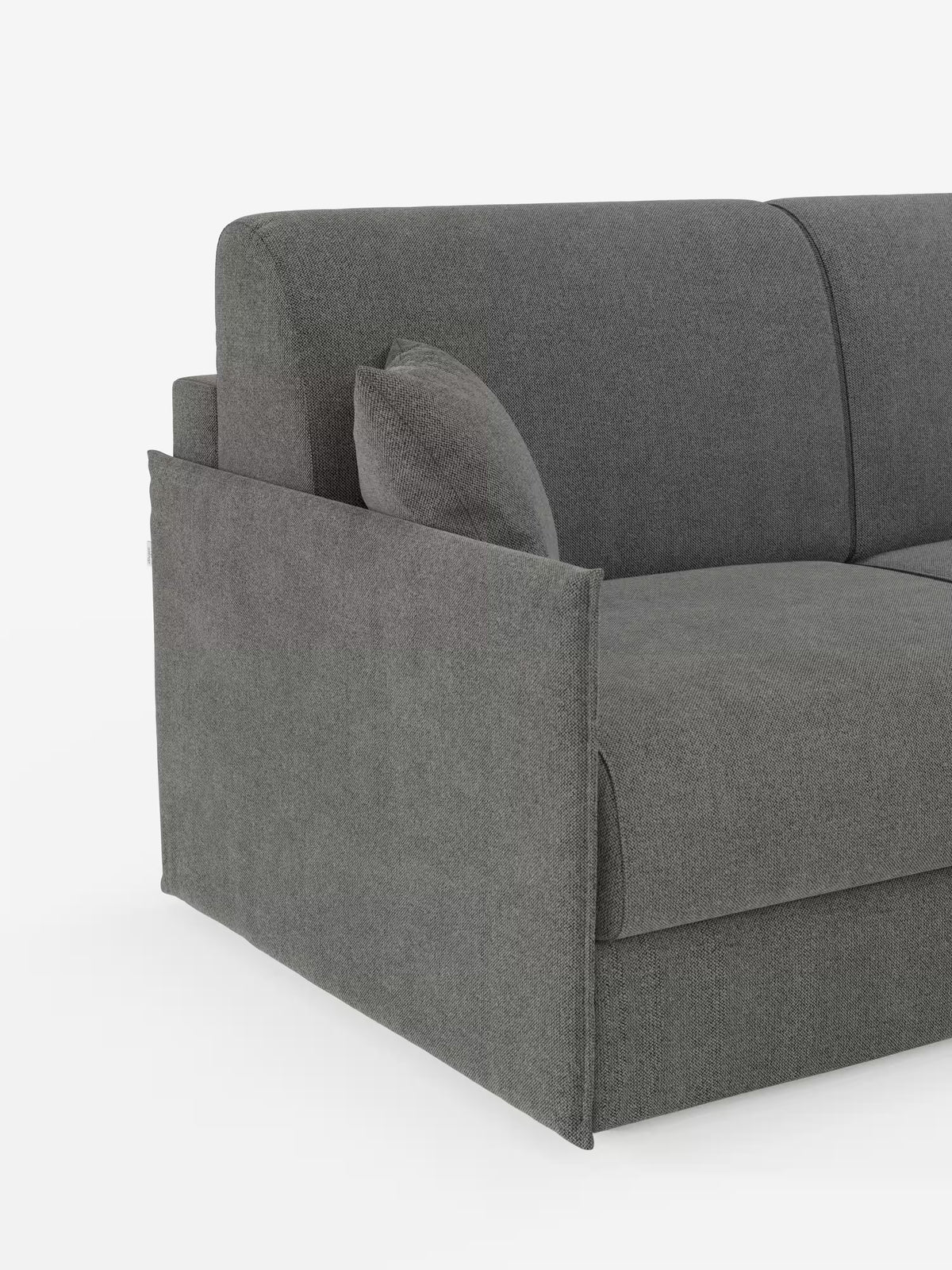 Il divano letto angolare con penisola contenitore Evans di Divani.Store si distingue per la moderna finitura in tessuto grigio e il design compatto e squadrato. Questo divano versatile presenta una seduta spessa, ampi braccioli e un cuscino quadrato abbinato per un comfort ancora maggiore. Rivestito in tessuto T23 liscio e facile da pulire, unisce stile e praticità: l’ideale per gli spazi abitativi contemporanei. Il prodotto è presentato su uno sfondo bianco a tinta unita.