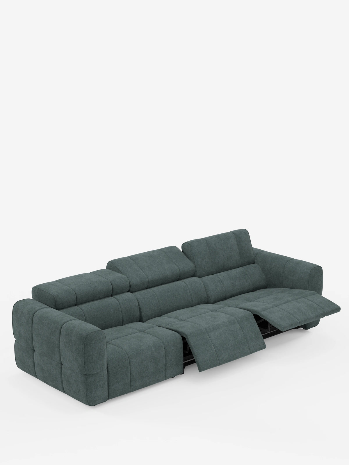 Giotto, divano modulare a quattro posti con poggiatesta reclinabili e funzione relax elettrica opzionale, rivestito in tessuto smacchiabile T23: un divano modulare contemporaneo a quattro posti in tessuto verde scuro testurizzato, dotato di poggiatesta regolabili e due poggiapiedi estensibili.
