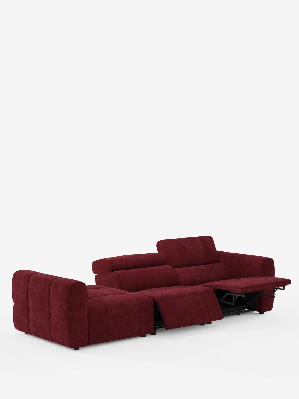 Un divano componibile Giotto di colore rosso intenso con terminale aperto – opzione relax elettrico in tessuto smacchiabile T23 – su sfondo bianco, caratterizzato da un poggiapiedi allungato e uno schienale reclinabile accanto a una seduta verticale.