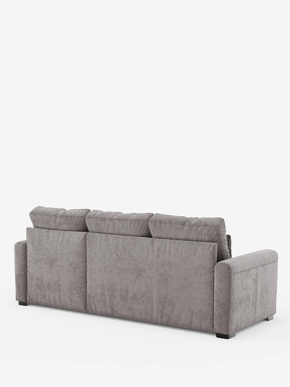 Un divano letto Ottaviano grigio a tre posti con letto estraibile, penisola reversibile e contenitore in tessuto materico antimacchia, visto da dietro, caratterizzato da tre schienali imbottiti e piedini bassi e scuri su uno sfondo bianco.
