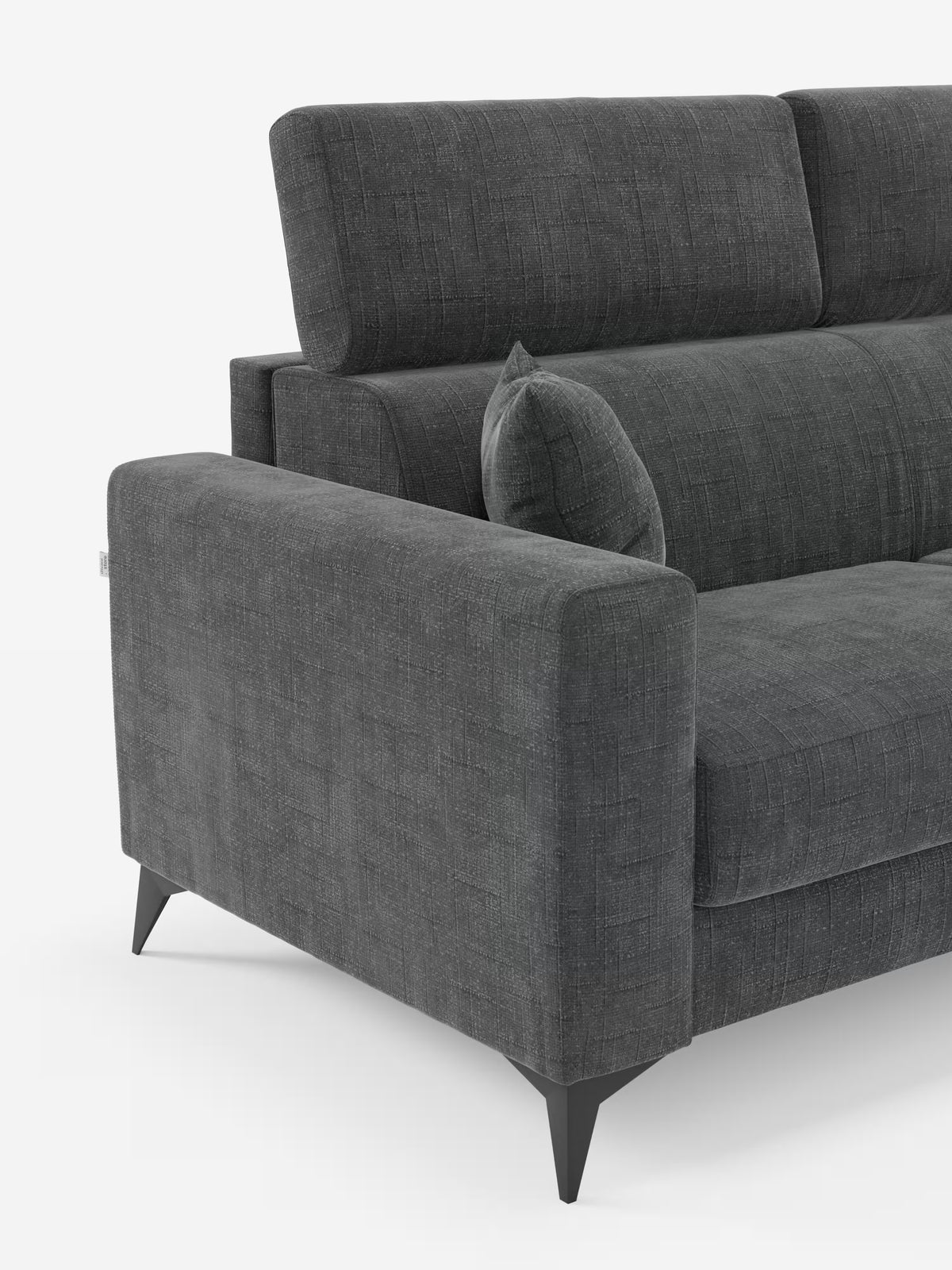 Il divano letto matrimoniale Pegaso di Divani.Store, dotato di poggiatesta regolabili, ampi braccioli e gambe nere inclinate, è rivestito in tessuto jacquard grigio scuro antimacchia T22 con un delicato motivo testurizzato. Un cuscino decorativo abbinato completa questo divano trasformabile moderno e versatile, elegantemente messo in risalto su uno sfondo bianco.