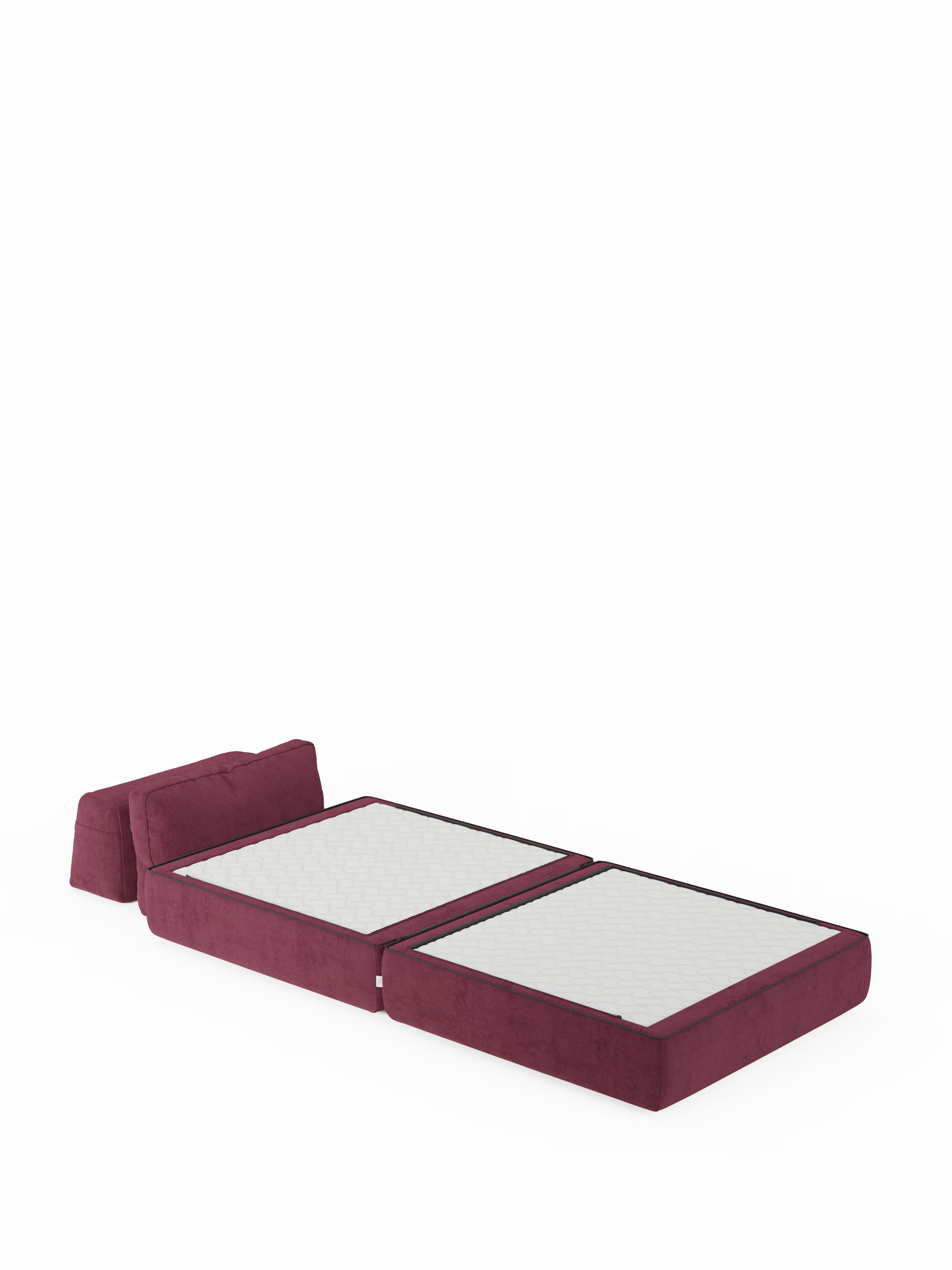 La poltrona letto Rift di Divani.Store, dotata di un materasso in memory foam alto 24 cm, schienale regolabile e tessuto T31 antimacchia color bordeaux, è raffigurata completamente distesa in posizione orizzontale. Presenta due sezioni imbottite di colore bianco e uno schienale angolato abbinato, il tutto su uno sfondo bianco a tinta unita.