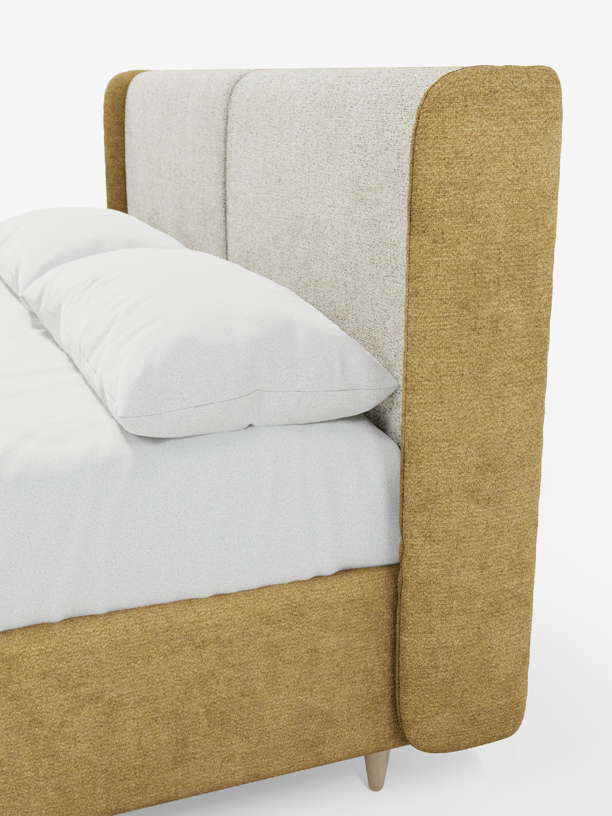 Un primo piano del letto imbottito bicolore VALKIRIA con contenitore di Letti.store mette in risalto la sua testiera alta e avvolgente, dalla linea curva, con pannelli imbottiti beige chiaro e fianchi in tessuto giallo senape dalle forme dolcemente arrotondate, che si abbinano perfettamente al telaio del letto. Questo moderno design bicolore di Letti.store è caratterizzato da biancheria da letto bianca e da un’estetica minimalista.