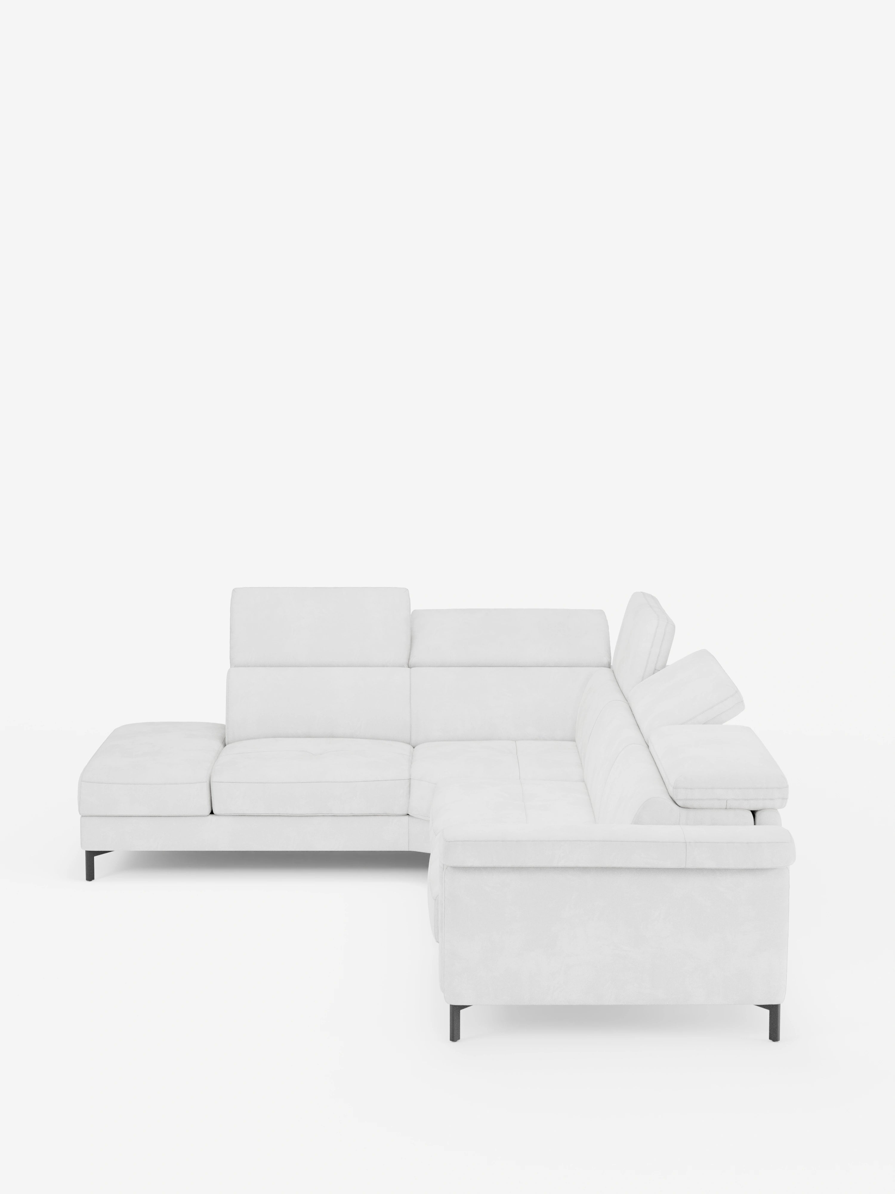 Il divano letto angolare Capri con poggiatesta reclinabili e materasso ad alte prestazioni in tessuto vellutino smacchiabile T30 di Divani.Store è un moderno divano componibile a forma di L (divano angolare) presentato su uno sfondo bianco a tinta unita. Rivestito in tessuto bianco simile al velluto, facile da pulire, è dotato di poggiatesta regolabili, eleganti gambe nere e un design minimalista e moderno che offre ampi spazi per sedersi e valorizza qualsiasi ambiente contemporaneo.