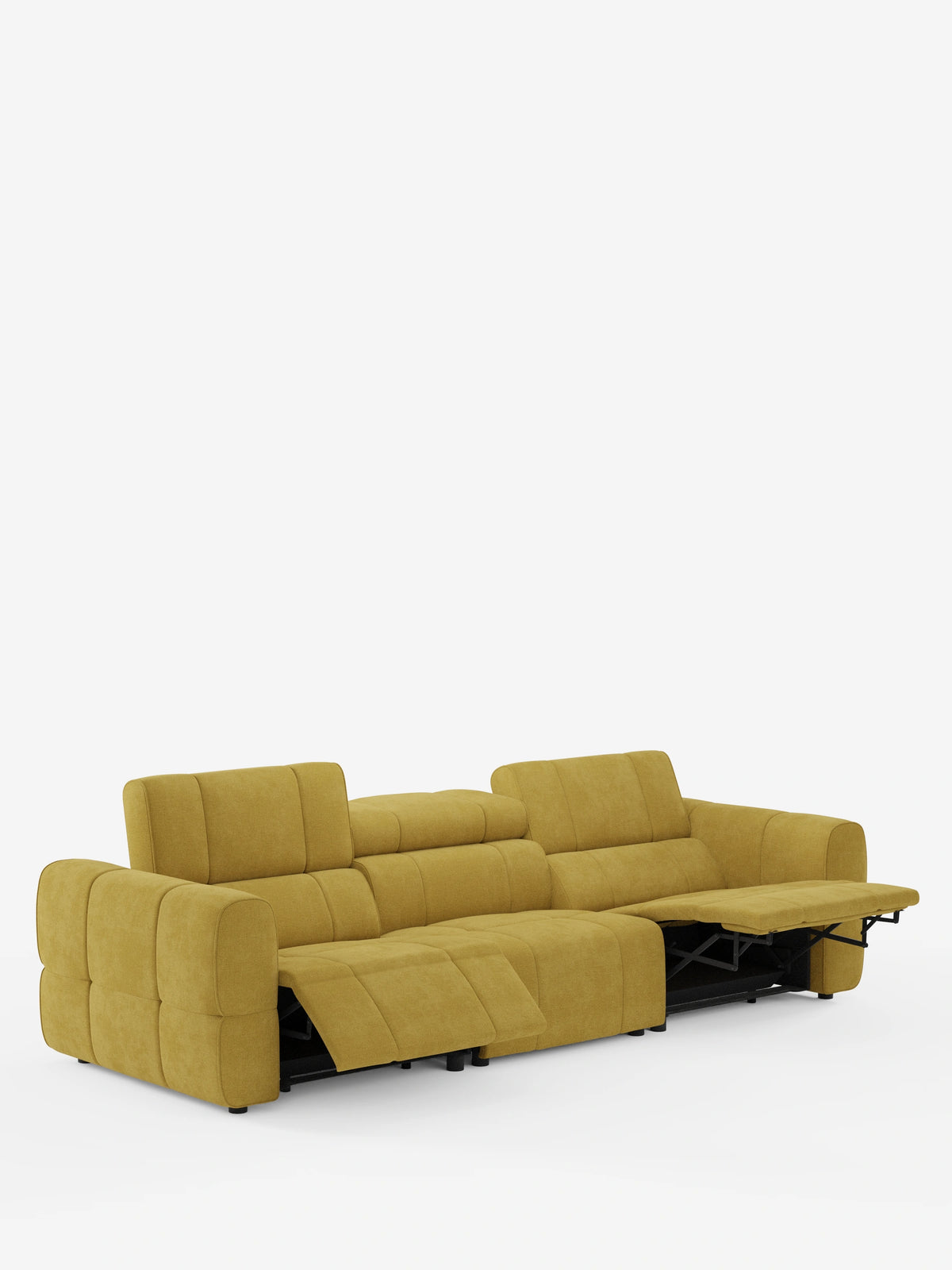 Giotto, divano modulare a 4 posti con poggiatesta reclinabili e funzione relax elettrica opzionale, in tessuto smacchiabile T23: un divano modulare a quattro posti color giallo senape con poggiatesta regolabili e poggiapiedi estensibili su sfondo bianco.