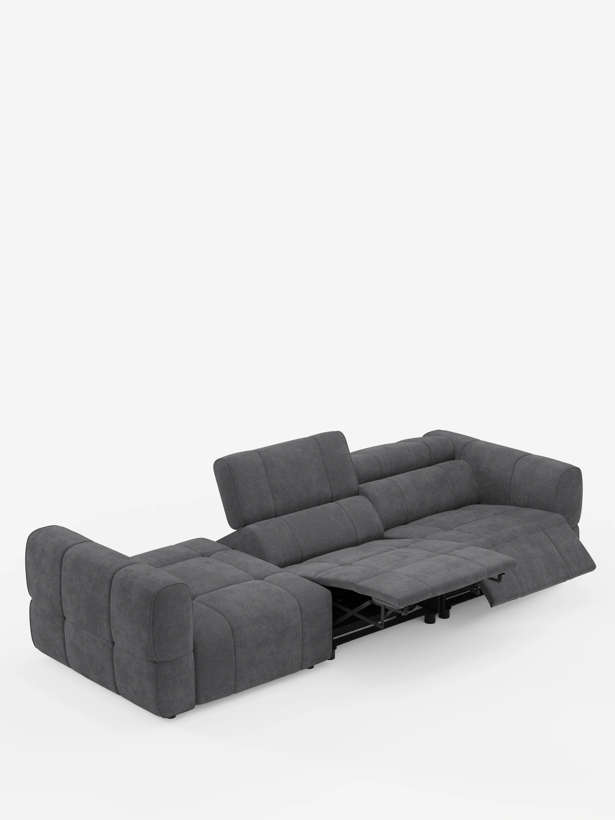 Un divano componibile Giotto grigio antracite con terminale aperto - opzione relax elettrico in tessuto smacchiabile T23 con trama trapuntata, dotato di poggiapiedi elettrico estensibile e struttura portante in metallo nero su sfondo bianco.