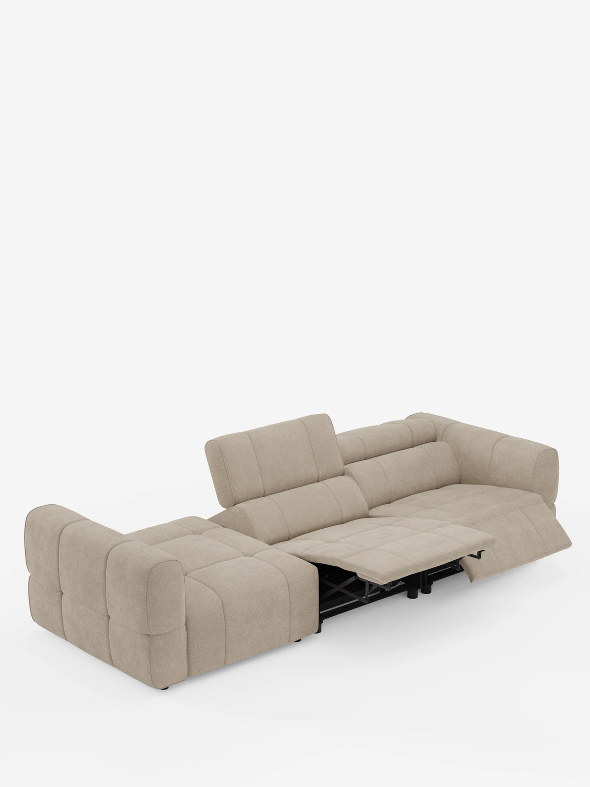 Un moderno divano componibile Giotto Divano beige con terminale aperto – opzione relax elettrico in tessuto smacchiabile T23, con superficie trapuntata a motivo a griglia, dotato di poggiapiedi allungato e schienale inclinato su sfondo bianco.