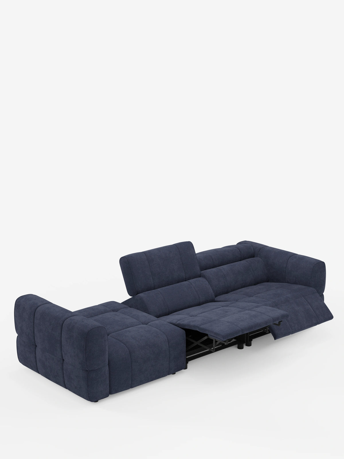 Un moderno divano componibile Giotto Divano blu navy con terminale aperto – opzione relax elettrico in tessuto smacchiabile T23 – su sfondo bianco, con poggiapiedi esteso che lascia intravedere la struttura meccanica nera.