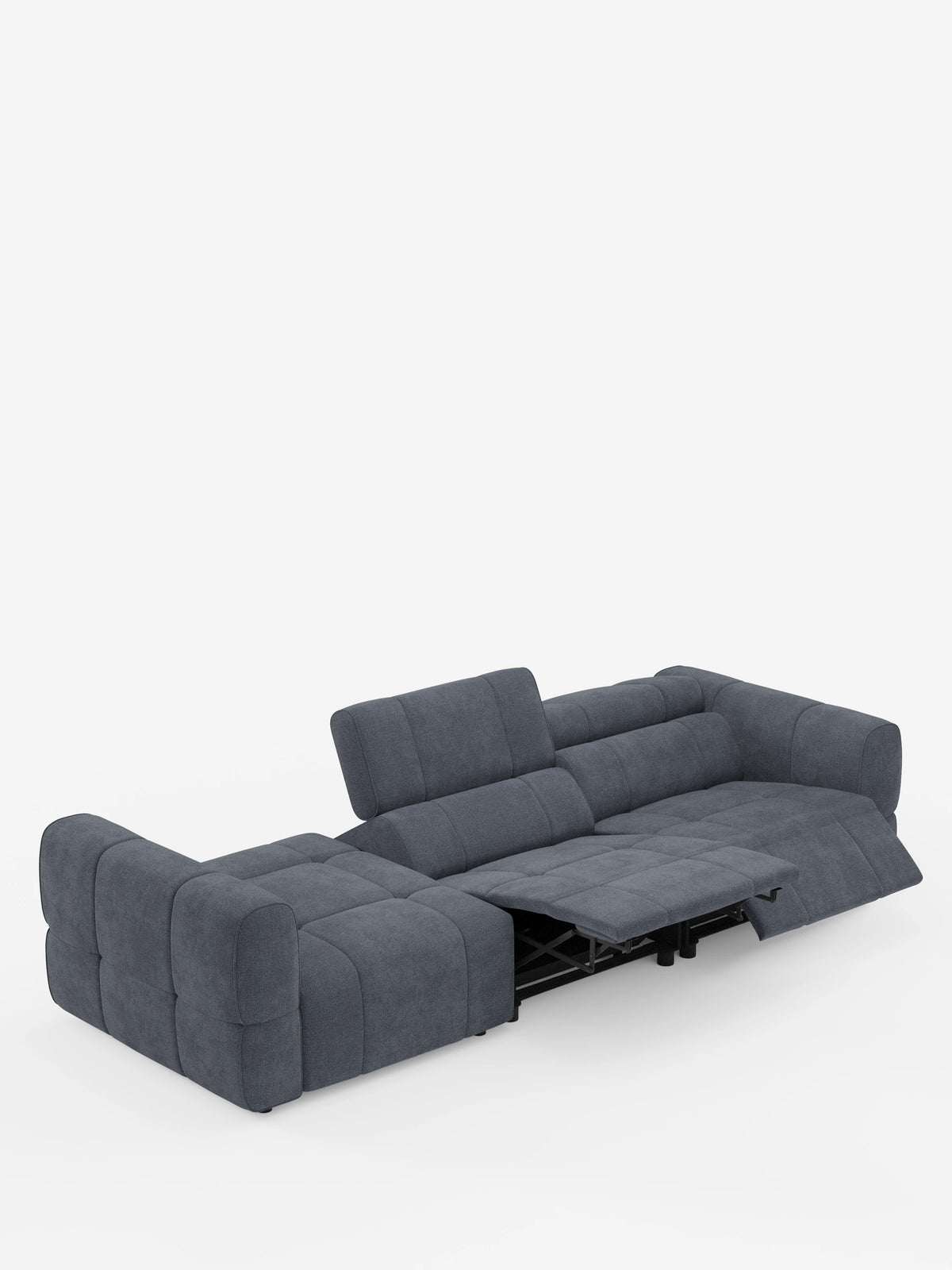 Un divano componibile Giotto color grigio antracite con terminale aperto – opzione relax elettrico in tessuto smacchiabile T23 – su sfondo bianco, caratterizzato da un poggiapiedi allungato e da un poggiatesta inclinato che lascia intravedere il meccanismo reclinabile in metallo nero.