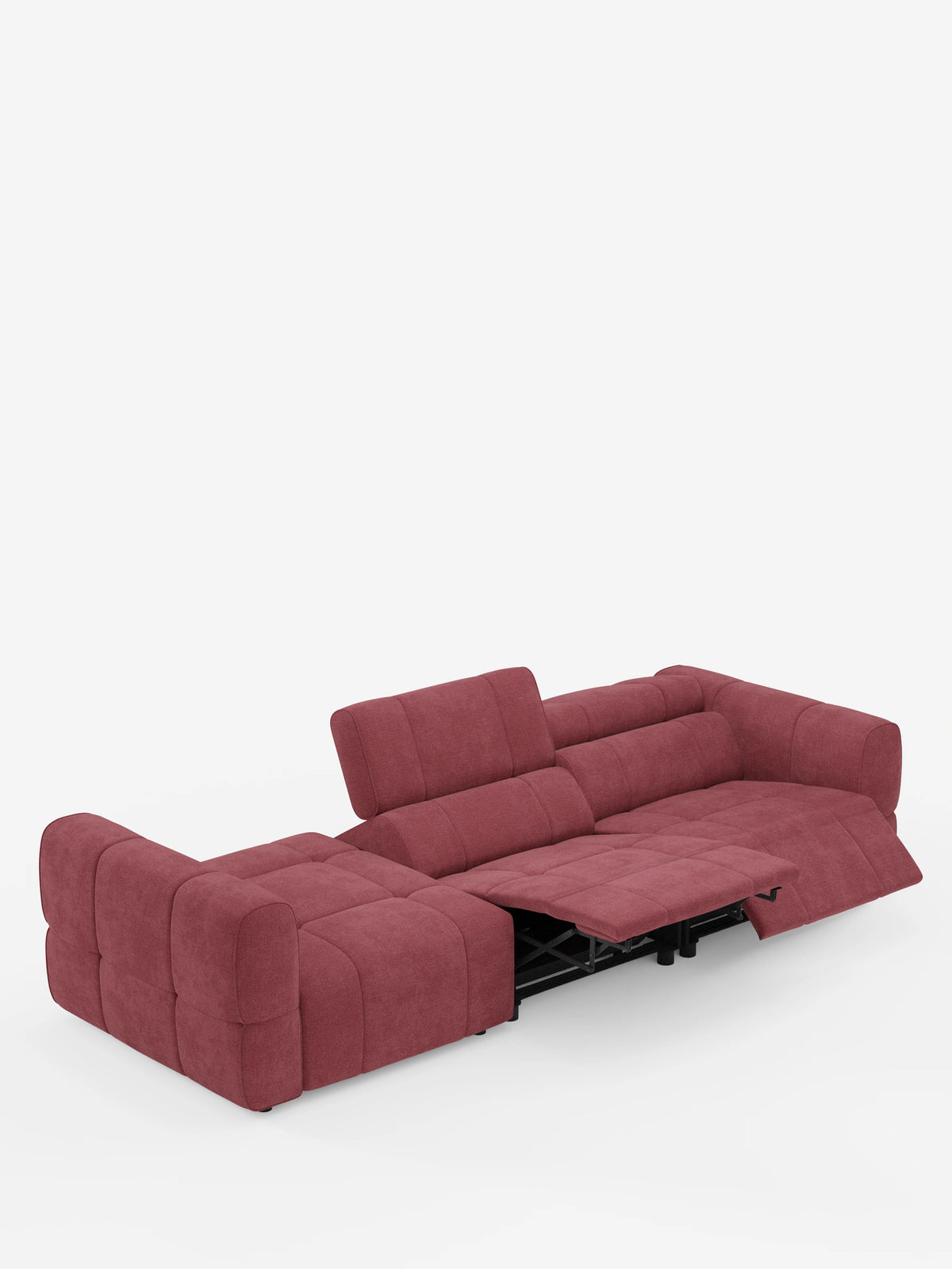 Il divano componibile Giotto con terminale aperto - opzione relax elettrico in tessuto smacchiabile T23 è un divano modulare rosso bacca con poggiapiedi elettrico estensibile, meccanismo in metallo nero e poggiatesta rialzati e regolabili su sfondo bianco.