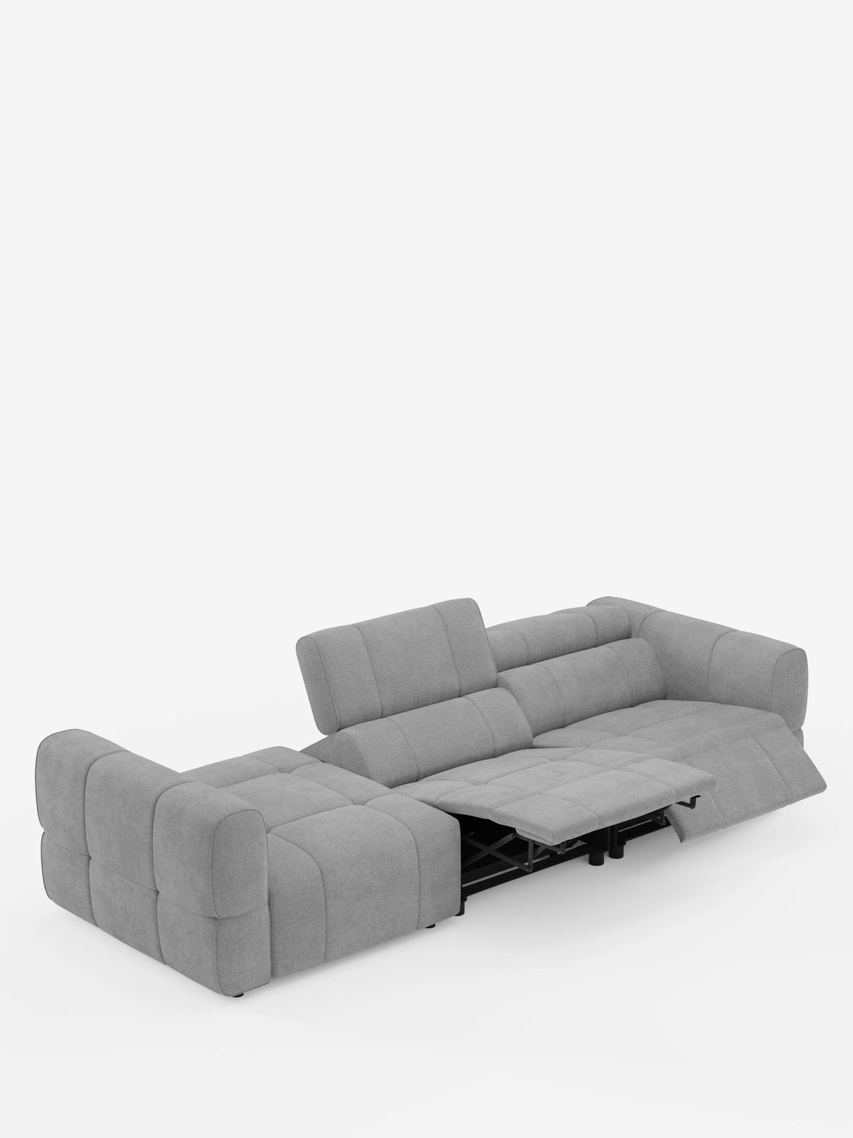Un moderno divano componibile Giotto Divano grigio chiaro con terminale aperto - opzione relax elettrico in tessuto smacchiabile T23, con seduta trapuntata, dotato di una poltrona reclinabile elettrica estesa su un lato e di un terminale aperto su sfondo bianco.
