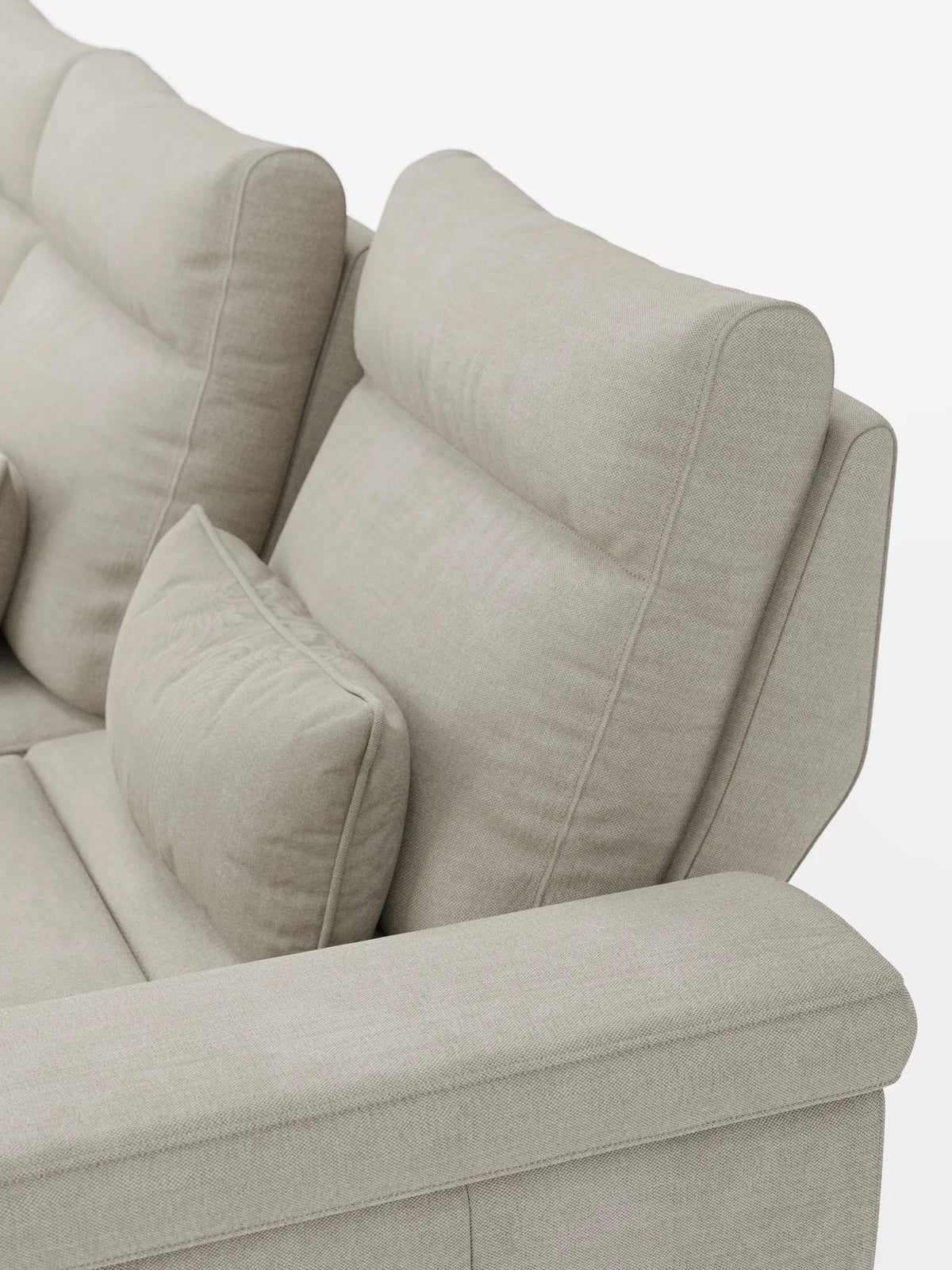 Il divano letto angolare Ischia con schienali regolabili, elemento estraibile e chaise longue contenitore in tessuto smacchiabile misto lino è un divano angolare color beige chiaro dotato di schienali regolabili, un cuscino coordinato e una chaise longue contenitore.