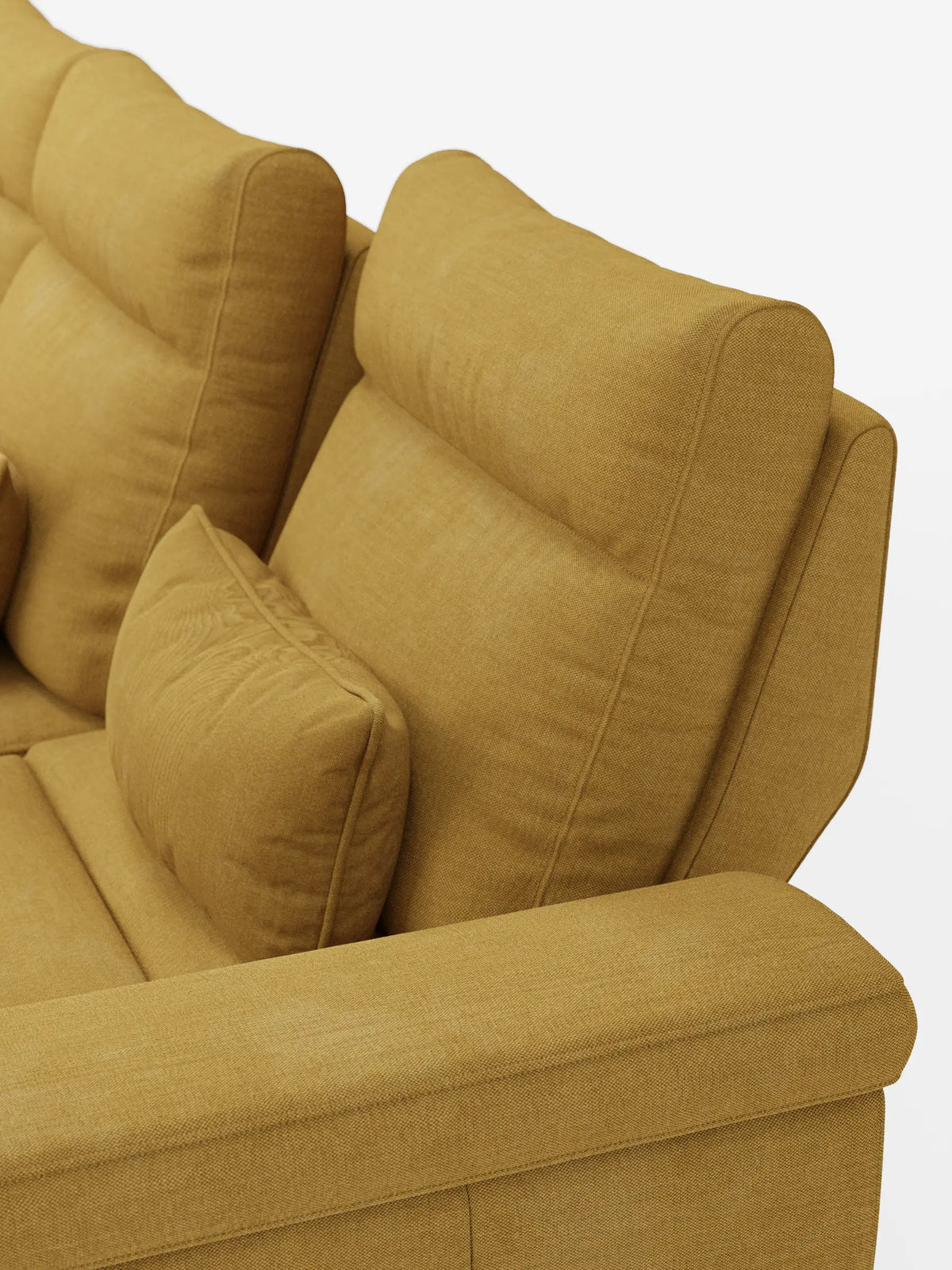 Un divano letto angolare Ischia color giallo senape, con tessuto a trama, schienali traslanti regolabili e un cuscino lombare abbinato, ripreso in un’inquadratura a tre quarti su sfondo bianco.