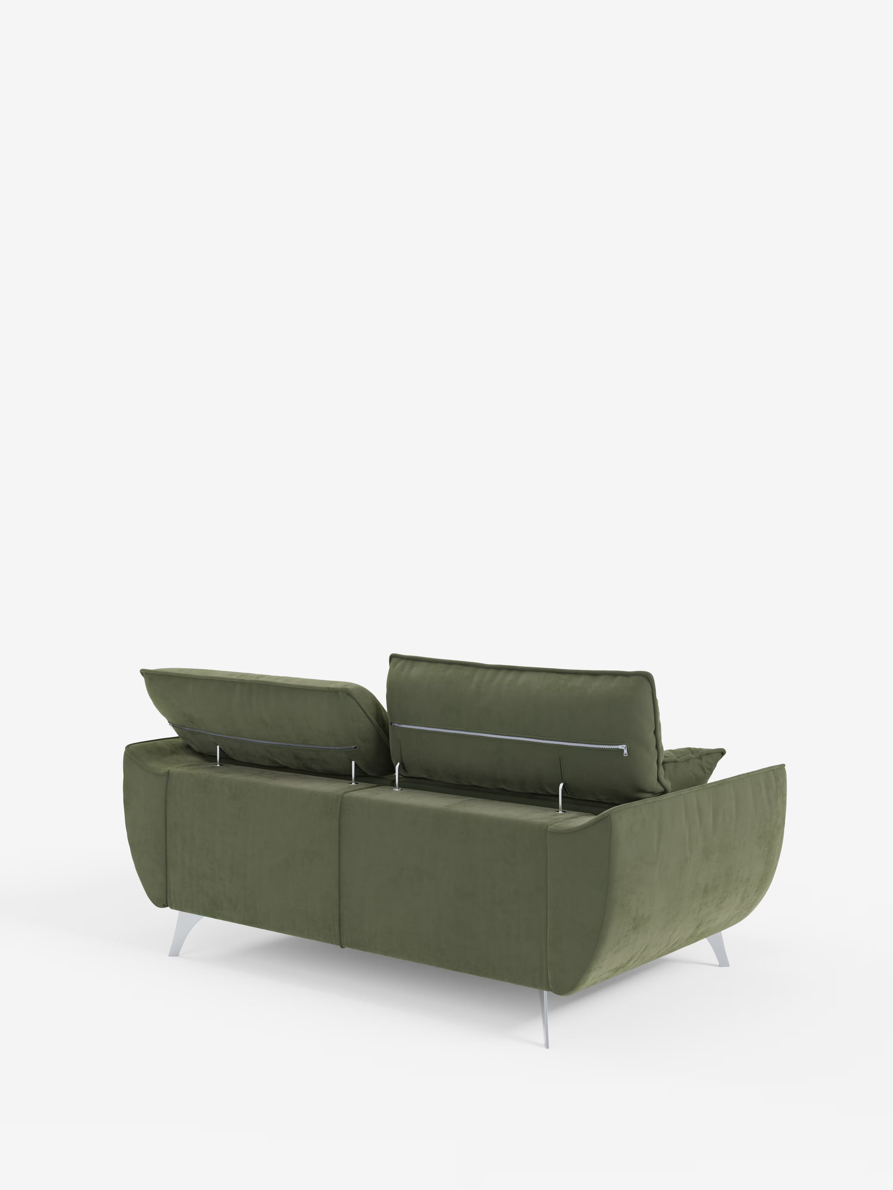 Il divano Michelangelo a 2 e 3 posti di Divani.Store, rivestito in tessuto T30 facile da pulire, è presentato in una moderna tonalità di verde oliva su uno sfondo bianco a tinta unita. Caratterizzato da linee pulite, sottili gambe argentate e due poggiatesta regolabili parzialmente sollevati per esaltarne il design contemporaneo e funzionale, questo versatile divano offre sedute allungabili e poggiatesta reclinabili per un comfort personalizzabile.
