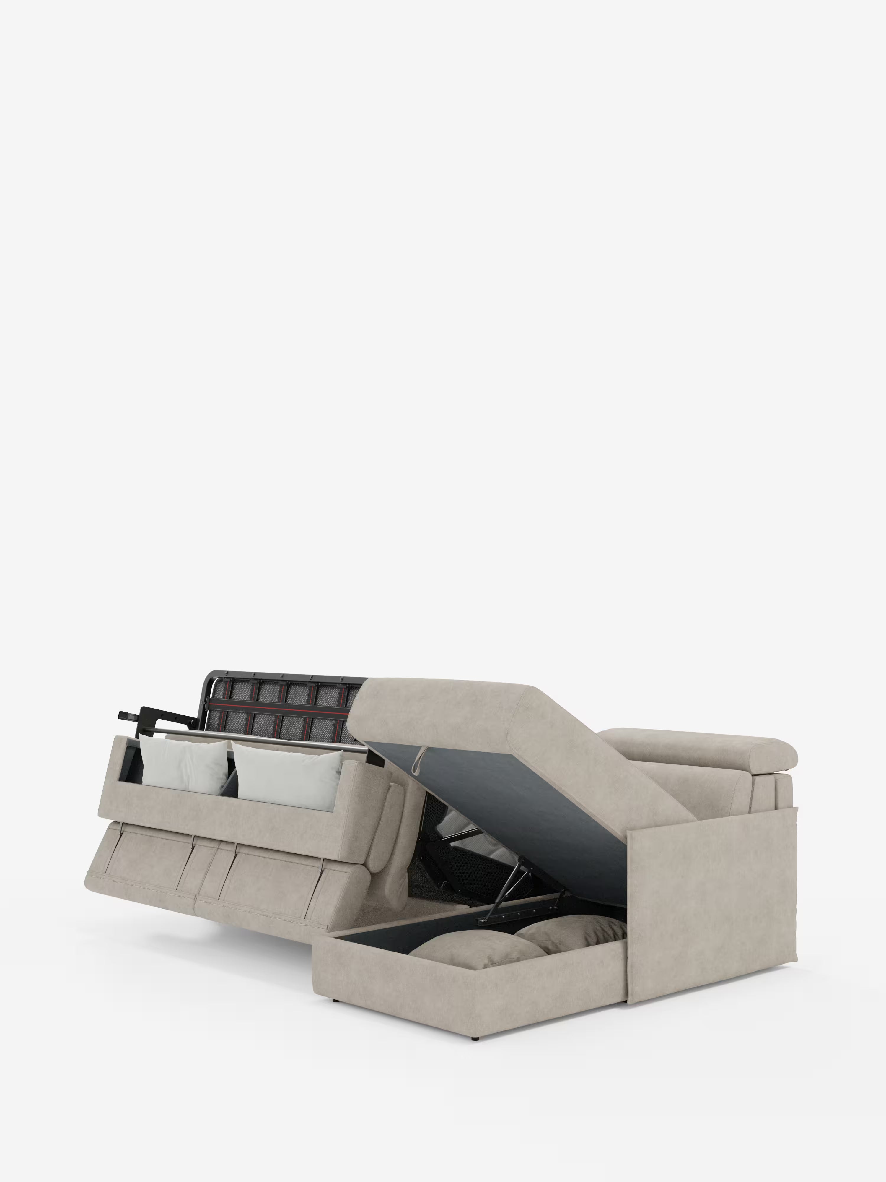 Miryam sofá cama esquinero compacto - reposacabezas reclinables y chaise longue con almacenaje en tejido antimanchas T31