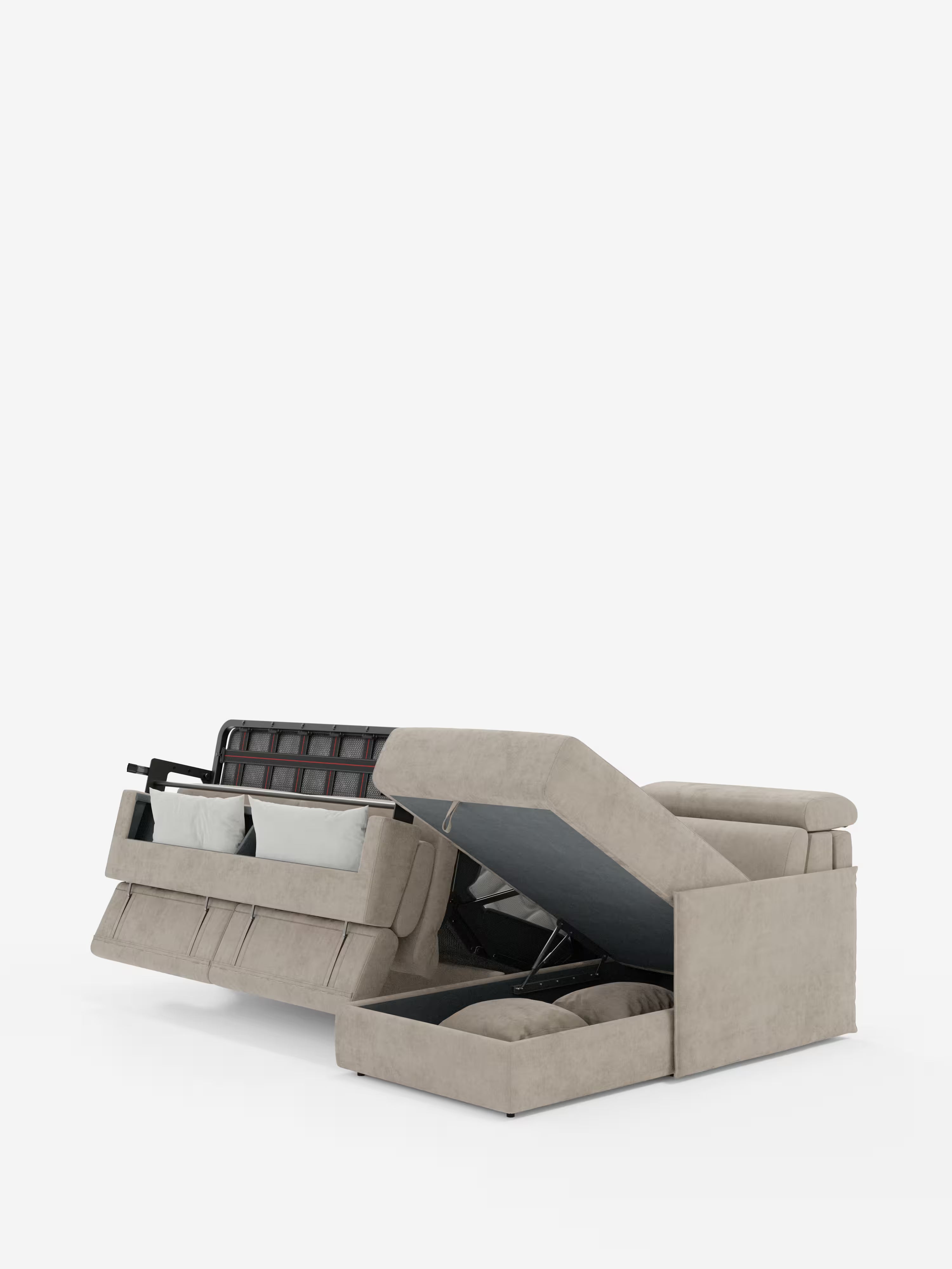 Miryam sofá cama esquinero compacto - reposacabezas reclinables y chaise longue con almacenaje en tejido antimanchas T31