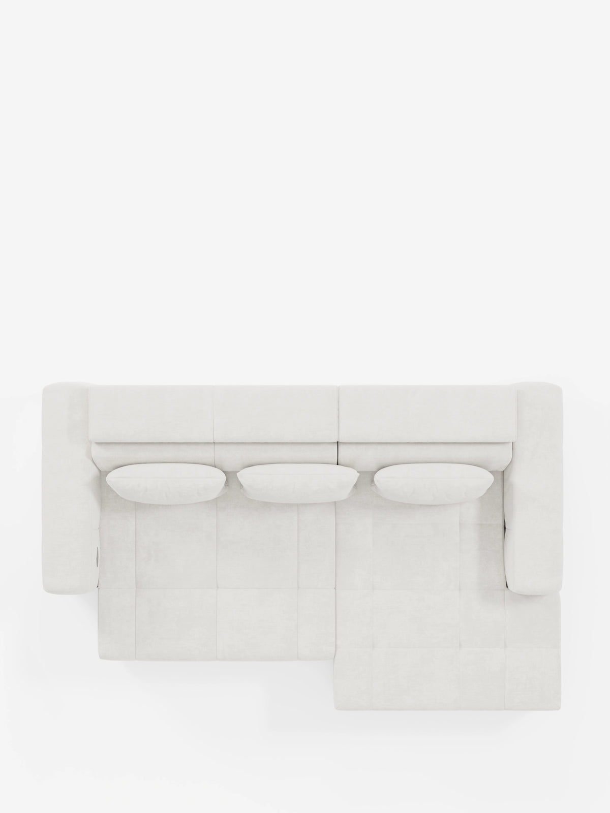 Vista dall’alto del divano angolare Monarch con penisola e funzione Relax Elettrico per l’allungamento delle sedute di Divani.Store, caratterizzato da un design a forma di L di colore bianco con tre cuscini arrotondati sulla seduta. La sezione chaise longue (penisola) è posizionata sul lato destro, creando la caratteristica forma a “L”. Su uno sfondo completamente bianco, questo divano — con i suoi poggiatesta reclinabili e il morbido tessuto T31 resistente alle macchie — risalta chiaramente.