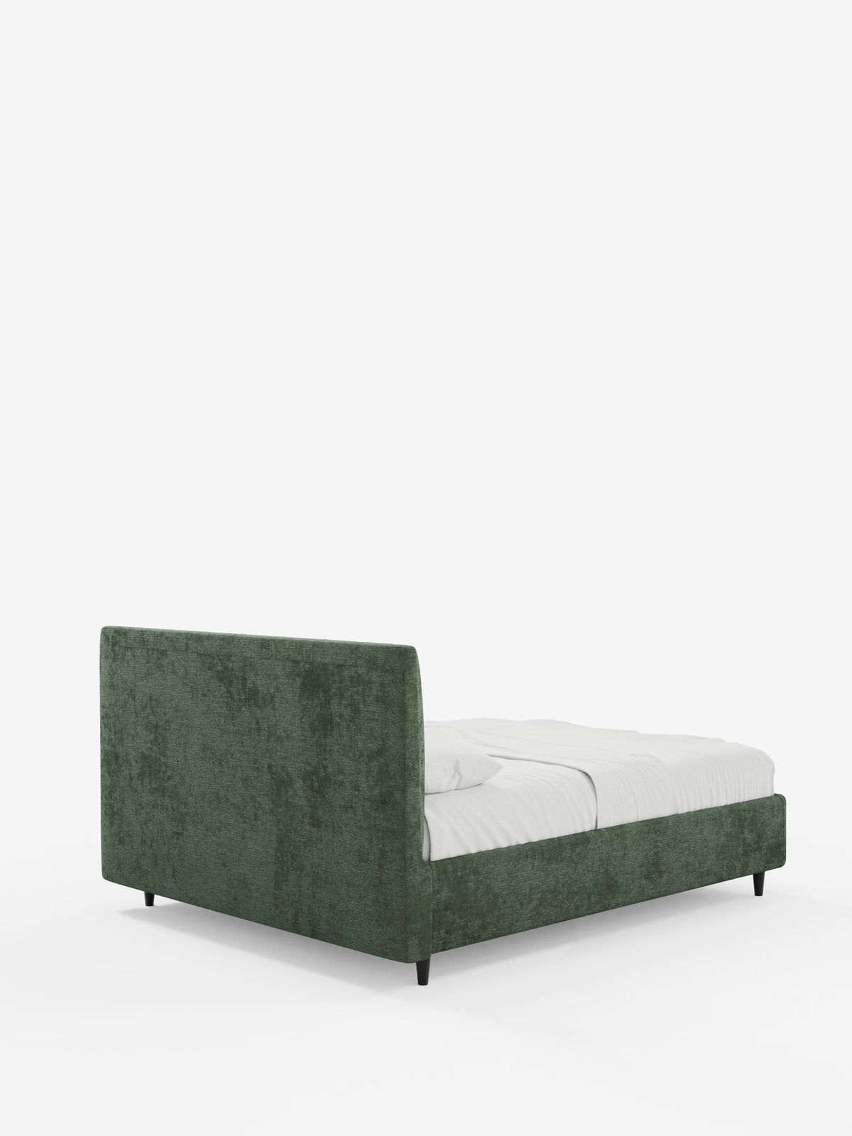 Vi presentiamo il letto imbottito ONYX con contenitore e testiera verticale in tessuto certificato Oeko-Tex® di Letti.store: questo letto moderno presenta una struttura imbottita di colore verde con un’alta testiera imbottita caratterizzata da cuciture verticali. Poggiato su gambe basse nere, è abbinato a una biancheria da letto di un bianco brillante e presentato su uno sfondo bianco pulito.