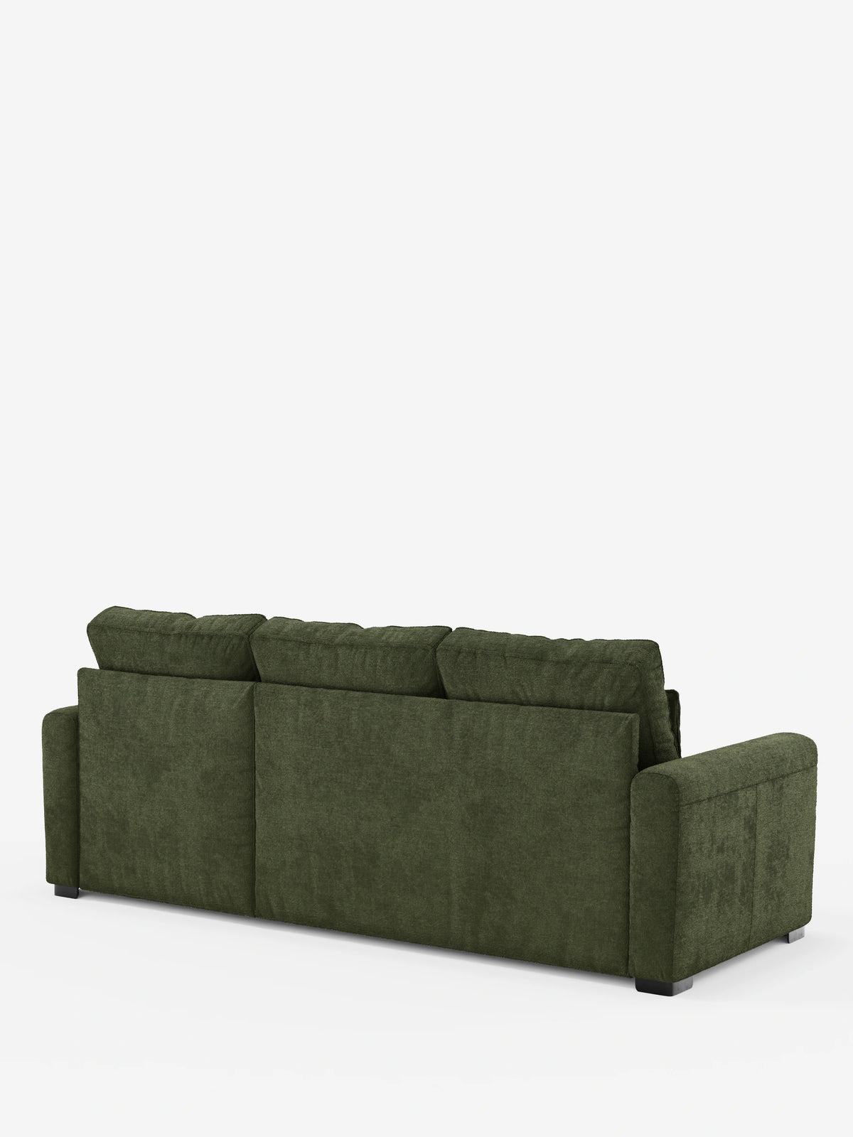 Un divano letto Ottaviano moderno, dalle linee squadrate, di colore verde oliva scuro, con letto estraibile, penisola reversibile e contenitore in tessuto materico lavabile, visto da dietro, caratterizzato da cuscini dello schienale strutturati e piedini bassi su uno sfondo bianco.