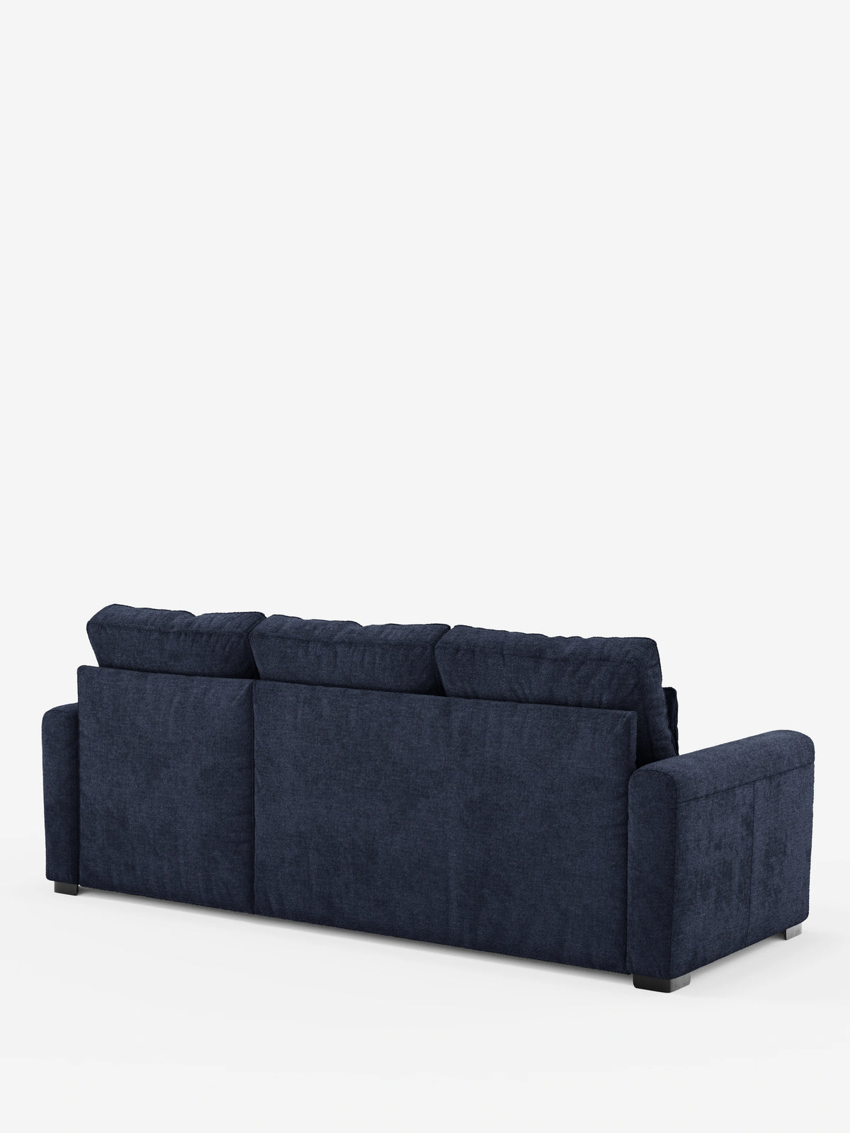 Vista posteriore di un divano letto Ottaviano blu navy scuro con letto estraibile – penisola reversibile e contenitore in tessuto materico smacchiabile, caratterizzato da tre morbidi cuscini, una struttura rettangolare e piedini corti scuri su sfondo bianco.