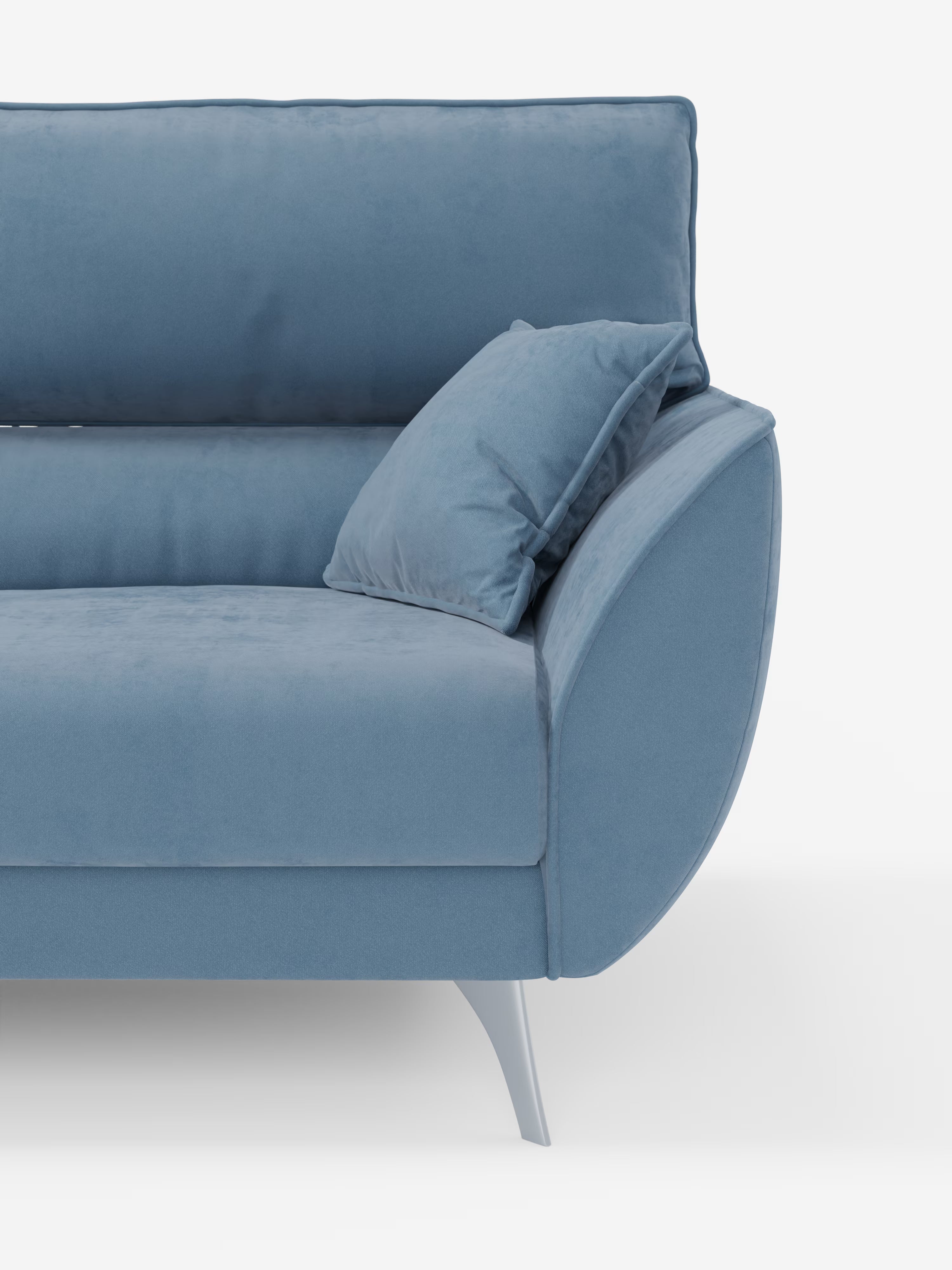 Il divano Michelangelo 4 Posti di Divani.Store è un moderno divano blu dotato di tre sedute estensibili e poggiatesta reclinabili, rivestito in elegante velluto T30 resistente alle macchie. Su uno sfondo bianco a tinta unita è visibile solo il lato destro di questo elegante divano con 3 sedute estensibili; il bracciolo ricurvo, le gambe in metallo angolate e i cuscini blu abbinati incarnano la raffinatezza contemporanea. La morbida trama vellutata ne esalta il fascino lussuoso.