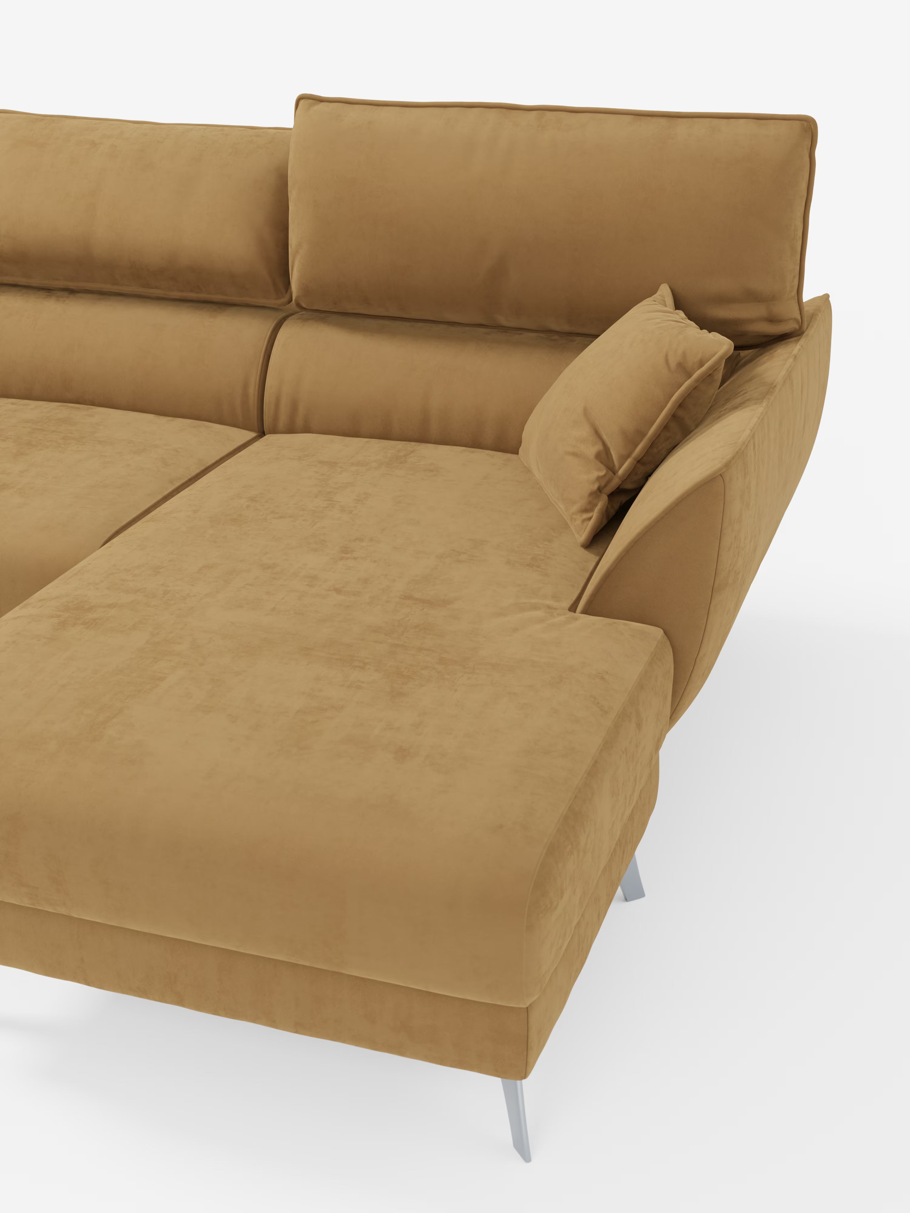 Il divano angolare con penisola e sedute estensibili Michelangelo di Divani.Store è un moderno divano componibile a forma di L rivestito in raffinato tessuto T30 effetto velluto, facile da pulire, caratterizzato da gambe in metallo, una spaziosa sezione chaise longue, braccioli angolati, ampi cuscini dello schienale, poggiatesta regolabili e un cuscino decorativo abbinato, il tutto presentato su uno sfondo bianco.