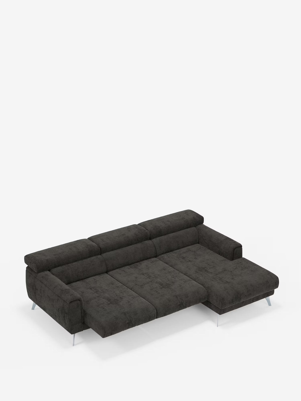 Un divano angolare Caravaggio in stile contemporaneo con penisola e sedute scorrevoli in tessuto antimacchia T31 di Divani.Store, rivestito in tessuto grigio scuro antimacchia, caratterizzato da ampi braccioli, poggiatesta regolabili ed eleganti gambe in metallo. Presentato completamente esteso in una superficie piana per dormire, con un design minimalista su uno sfondo bianco a tinta unita.