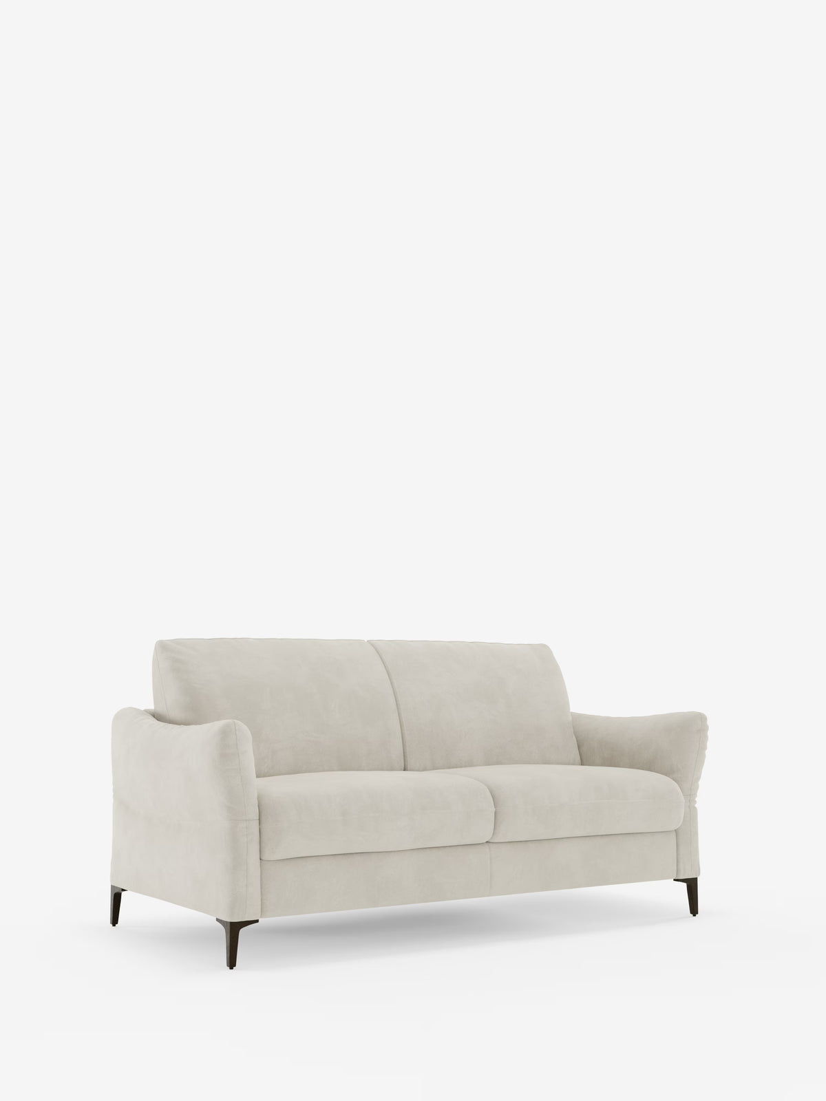 Un “Dalia divano letto” contemporaneo color beige chiaro di Divani.Store in stile scandinavo, caratterizzato da due cuscini di seduta, braccioli leggermente ricurvi e gambe angolate nere. Il design minimalista è rivestito in morbido tessuto T30 simile al velluto e resistente alle macchie, e viene messo in risalto su uno sfondo bianco a tinta unita.