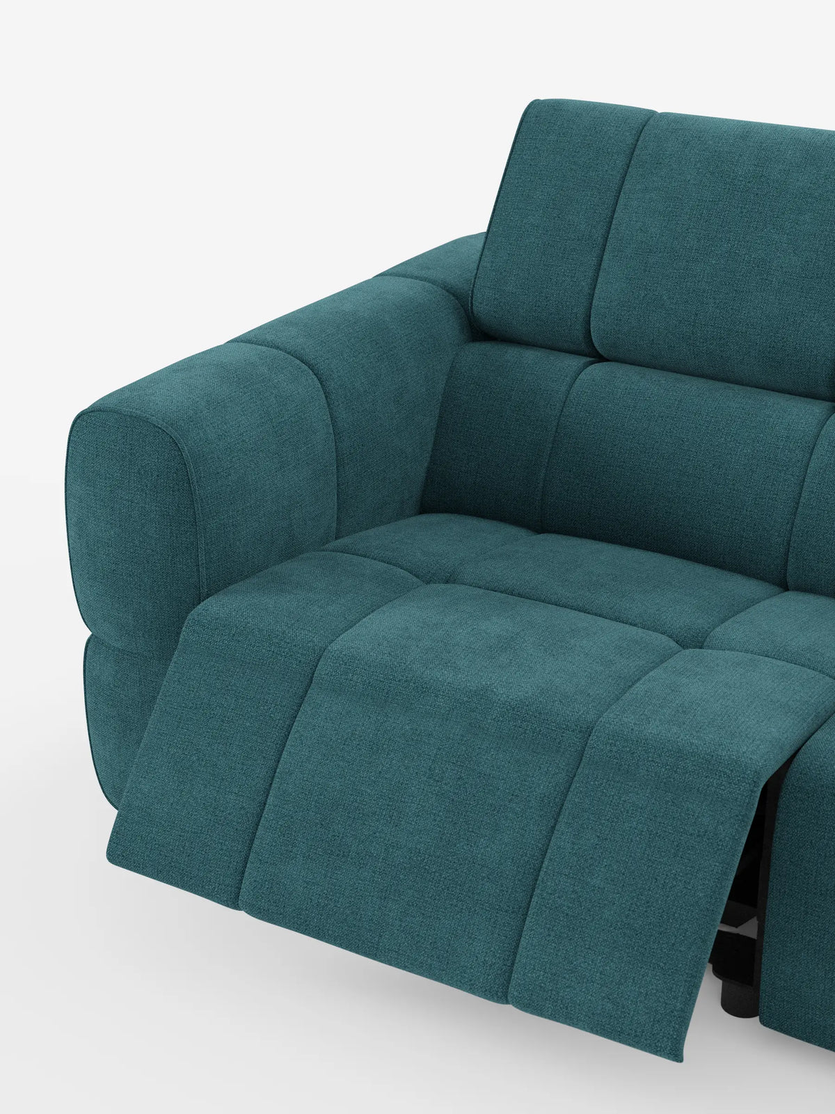 Giotto, divano modulare a 4 posti con poggiatesta reclinabili e funzione relax elettrica opzionale, rivestito in tessuto smacchiabile T23 color verde acqua, caratterizzato da tessuto testurizzato, poggiapiedi reclinabile, cuscini imbottiti strutturati e poggiatesta regolabile.