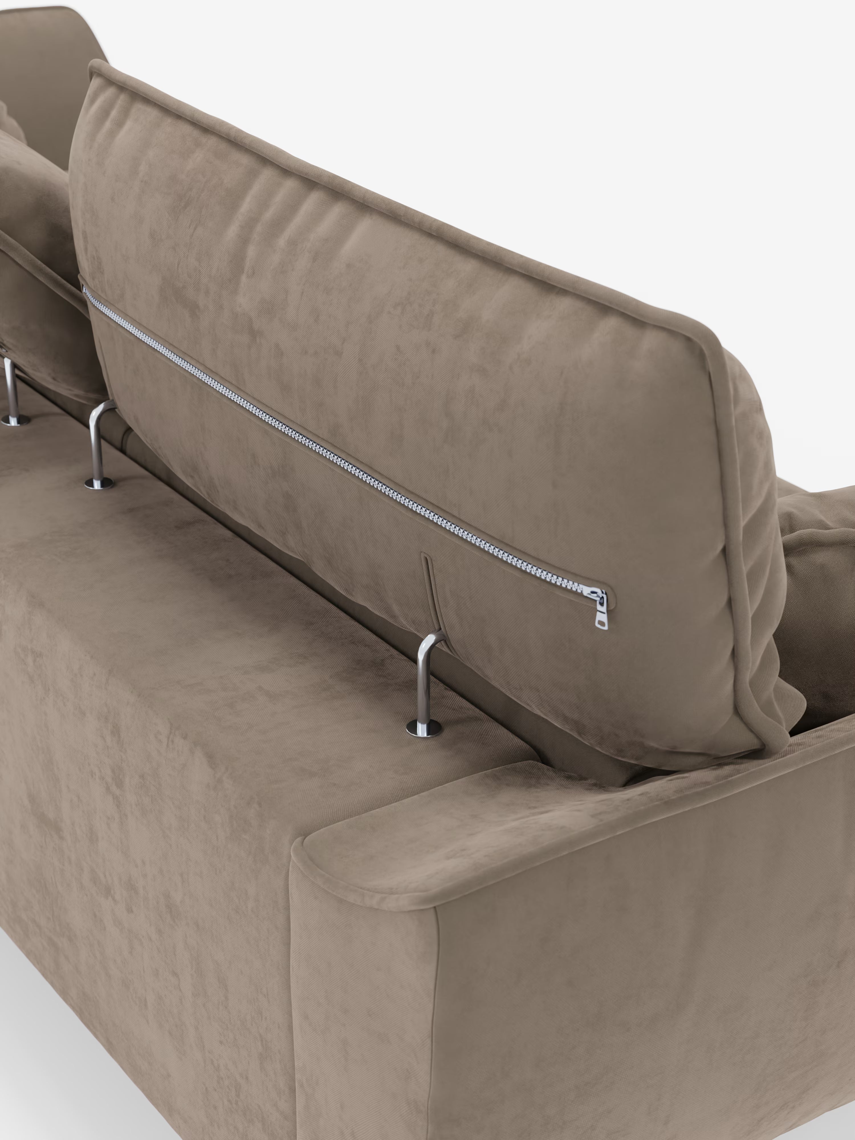 Un primo piano del divano Michelangelo 4 Posti di Divani.Store ne mette in risalto il design moderno, caratterizzato da tre sedute estensibili e poggiatesta regolabili. Lo schienale sollevato rivela una robusta cerniera in metallo e due aste di sostegno metalliche. Rivestito con un elegante tessuto T30 simile al velluto e resistente alle macchie, il divano offre cuscini morbidi, linee pulite e sedute estensibili versatili per un comfort superiore.