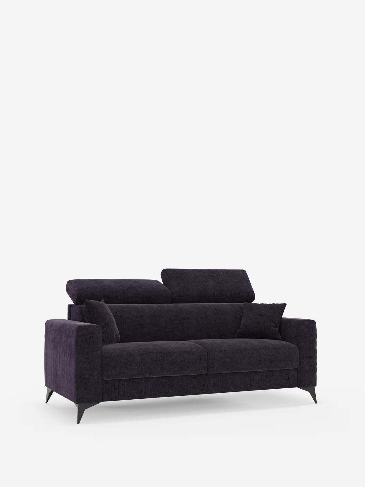 Un divano letto matrimoniale Pegaso dal design elegante e minimalista di Divani.Store, rivestito in tessuto jacquard T22 smacchiabile color viola scuro, dotato di poggiatesta regolabili, due cuscini coordinati e gambe nere angolate. Presentato su uno sfondo bianco a tinta unita, è ideale per gli spazi abitativi contemporanei.