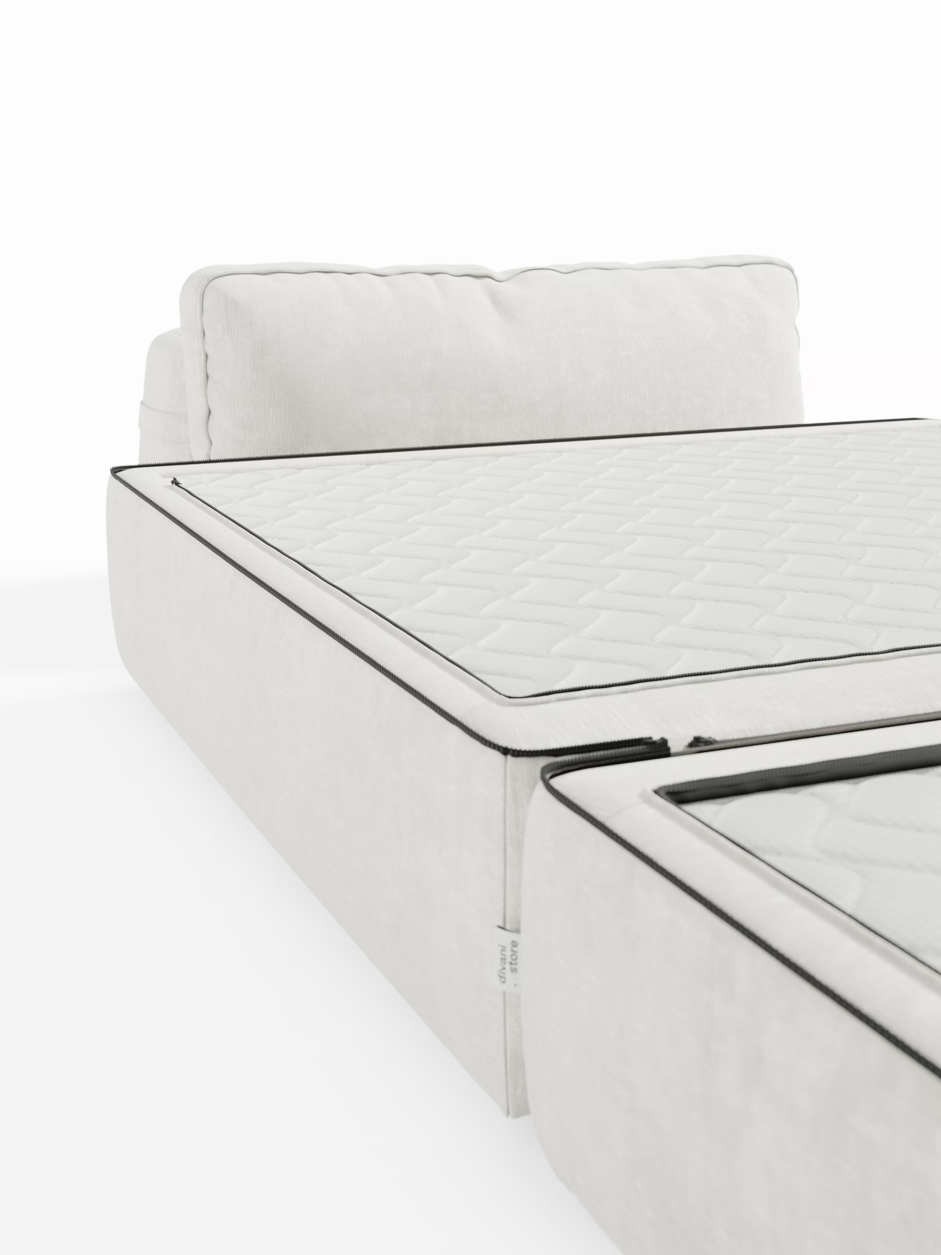 Una poltrona letto Rift bianca in stile contemporaneo di Divani.Store, dotata di un materasso in memory foam dello spessore di 22 cm con dettagli trapuntati e un accattivante bordino nero. Il materasso estraibile consente una facile trasformazione da poltrona a letto, mentre lo schienale mobile e il tessuto T31 antimacchia risaltano sullo sfondo bianco a tinta unita, accentuando il design raffinato e il comfort avvolgente di questa elegante poltrona trasformabile.