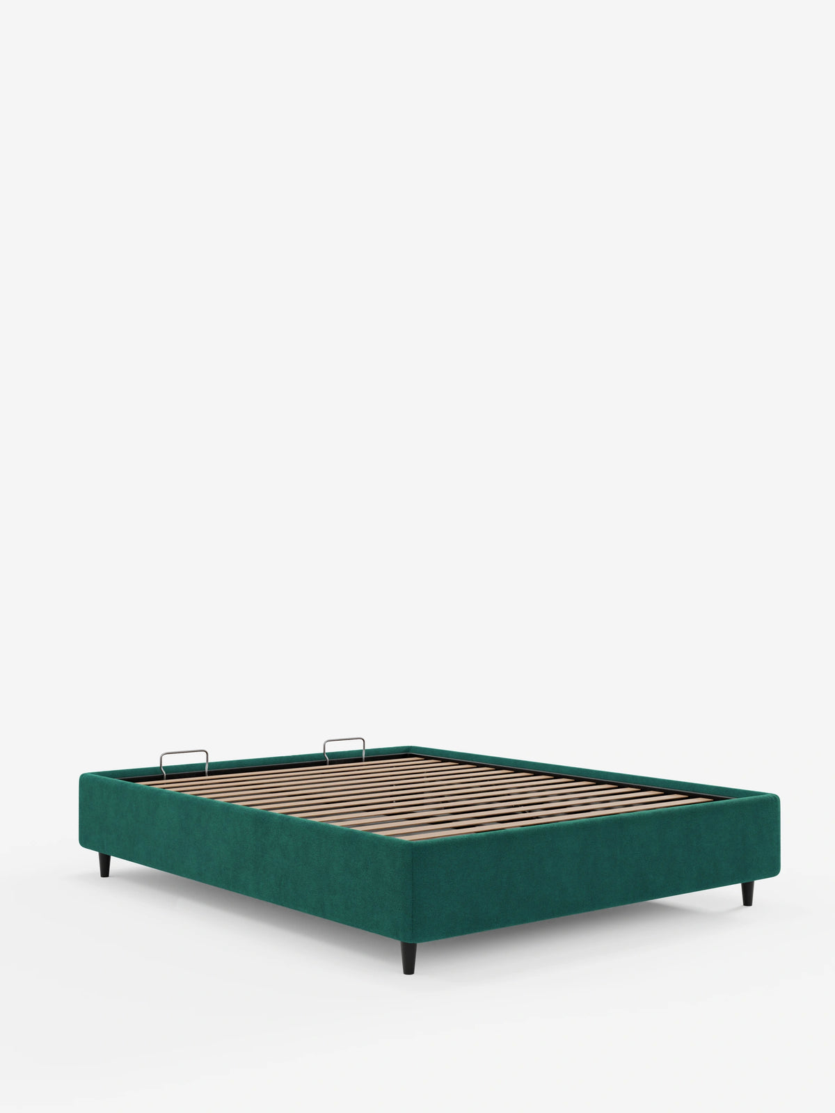 Letto sommier ERON color verde acqua intenso, imbottito, con vano contenitore in tessuto impermeabile certificato Oeko-Tex, dotato di base a doghe in legno, quattro gambe affusolate e maniglie laterali, raffigurato su sfondo bianco.