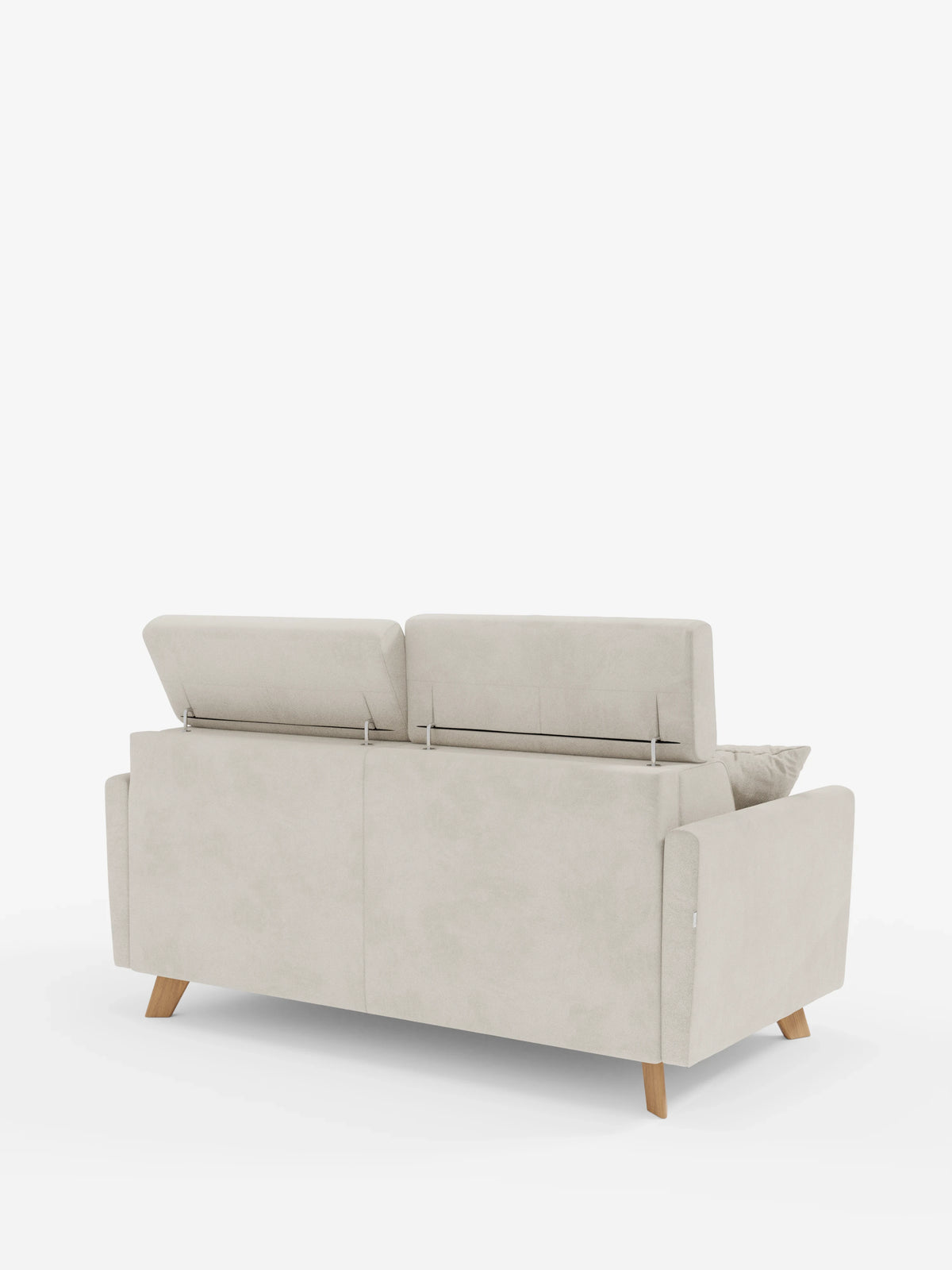 Il divano letto Francy con poggiatesta regolabili di Divani.Store è raffigurato nella vista posteriore, caratterizzato da un design moderno color beige con gambe in legno. I due schienali sono sollevati per rivelare i poggiatesta regolabili, mentre sul lato destro è visibile un cuscino. Interamente rivestito con l'elegante tessuto T30, resistente alle macchie e con fodere rimovibili al 100%, questo raffinato divano a 2 posti è perfetto per gli spazi contemporanei. In primo piano su uno sfondo bianco.