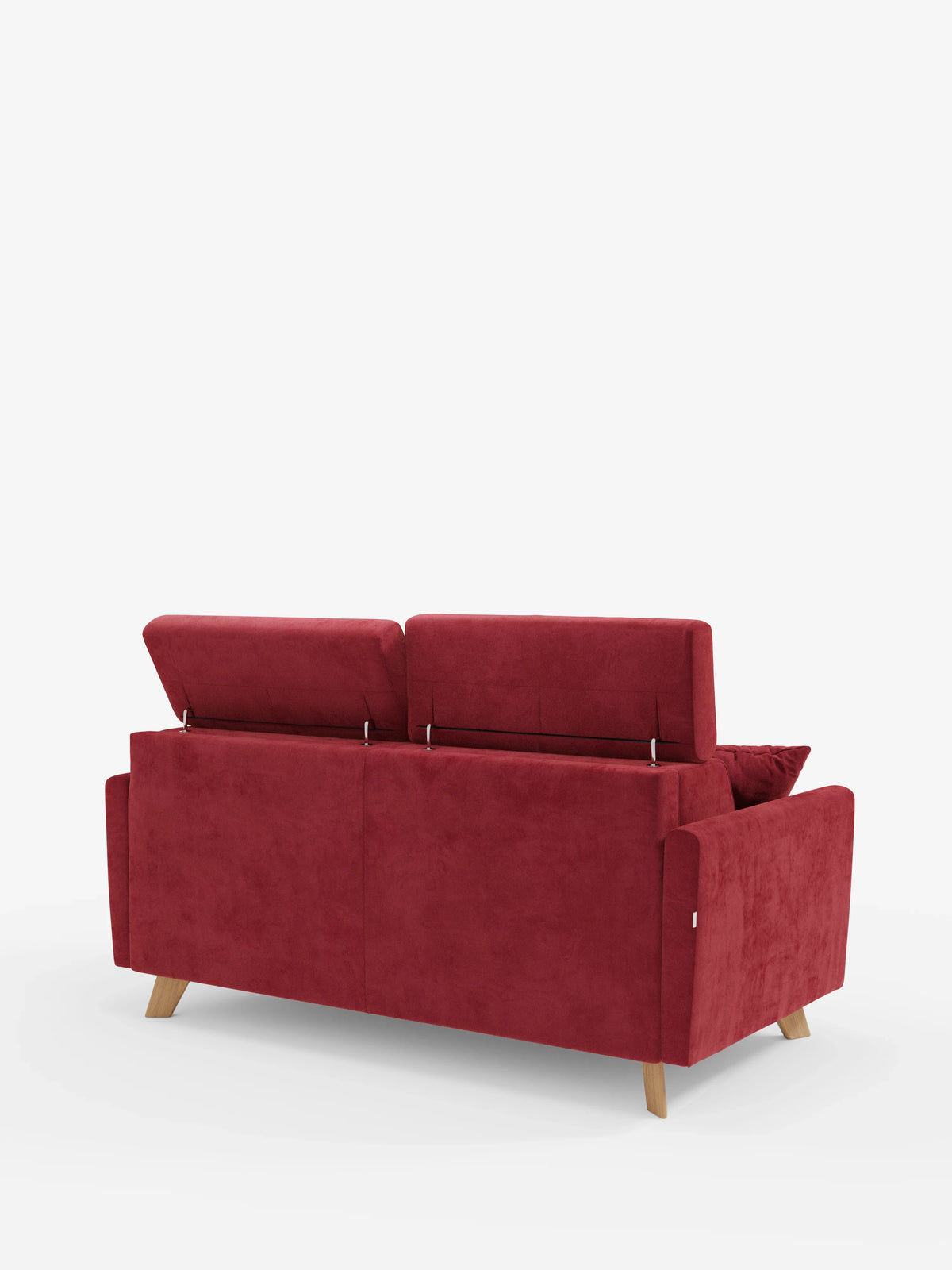 Ecco la frase riscritta utilizzando i dati del prodotto: Un moderno divano letto Francy rosso con poggiatesta regolabili di Divani.Store è ripreso da dietro, con le gambe angolate in legno. Entrambi i poggiatesta regolabili sono in posizione verticale e un cuscino abbinato è appoggiato sul lato destro. Perfetto come elegante divano a 2 posti per ambienti contemporanei, questo divano con rivestimento sfoderabile al 100% è realizzato in raffinato tessuto T30 resistente alle macchie. Lo sfondo è bianco a