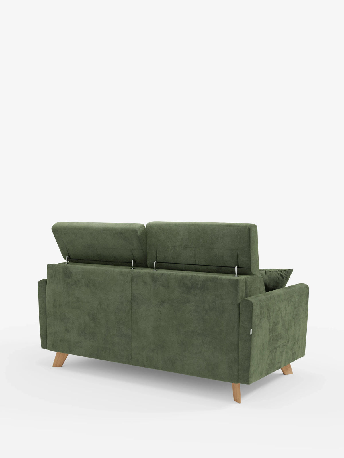 Un divano letto Francy verde con poggiatesta regolabili di Divani.Store, interamente rivestito in elegante tessuto T30 resistente alle macchie e dotato di due poggiatesta regolabili e gambe angolate in legno, è raffigurato di retro su uno sfondo bianco a tinta unita. I suoi cuscini e il design lineare ne esaltano il fascino moderno.