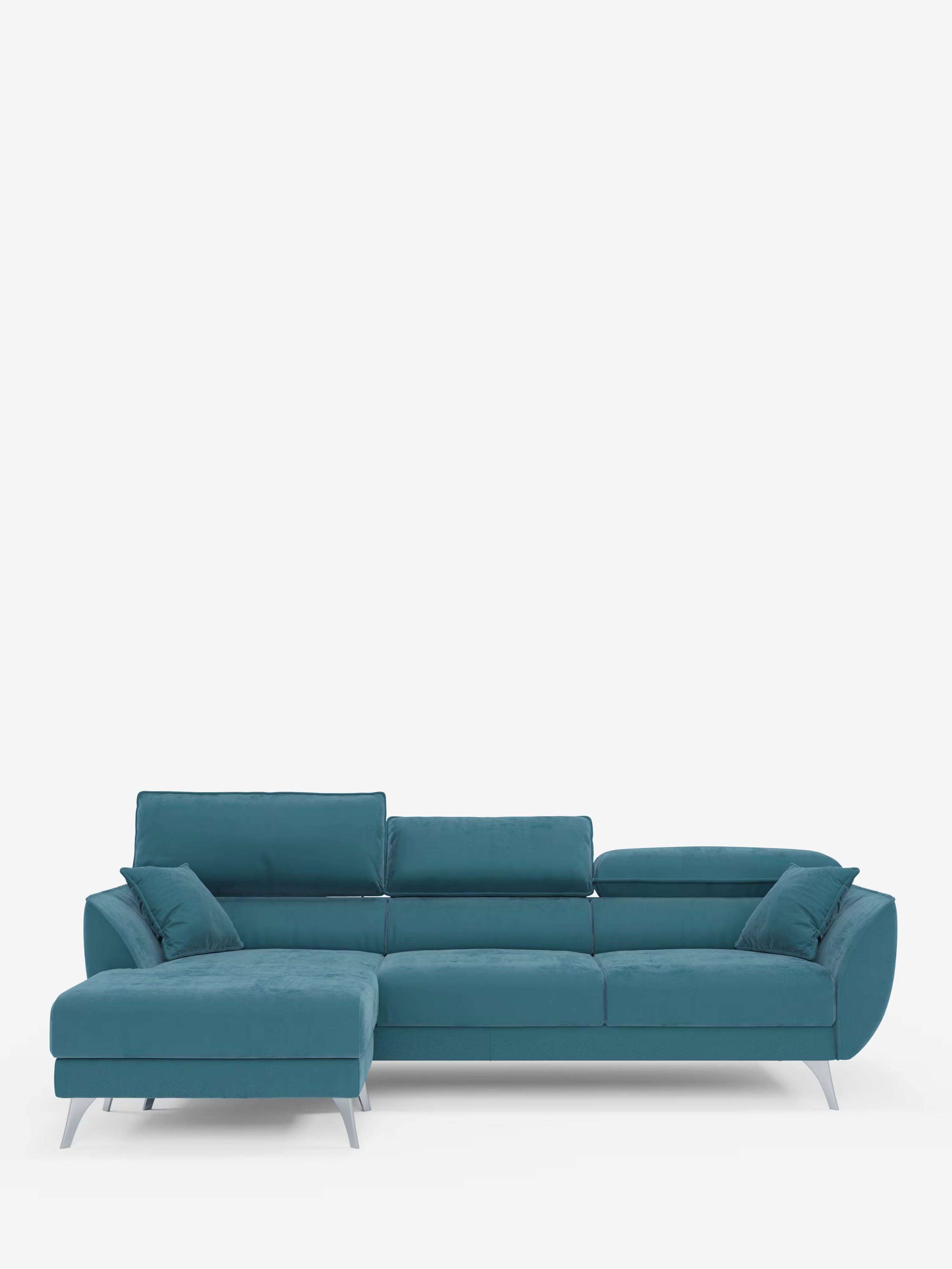 Il divano angolare Michelangelo con penisola e sedute estensibili di Divani.Store è un moderno divano componibile color verde acqua, caratterizzato da una chaise longue a forma di L sul lato sinistro, braccioli imbottiti, poggiatesta reclinabili, due cuscini quadrati e sottili gambe angolate color argento. Rivestito con un raffinato tessuto T30 effetto velluto resistente alle macchie, è presentato su uno sfondo bianco a tinta unita.