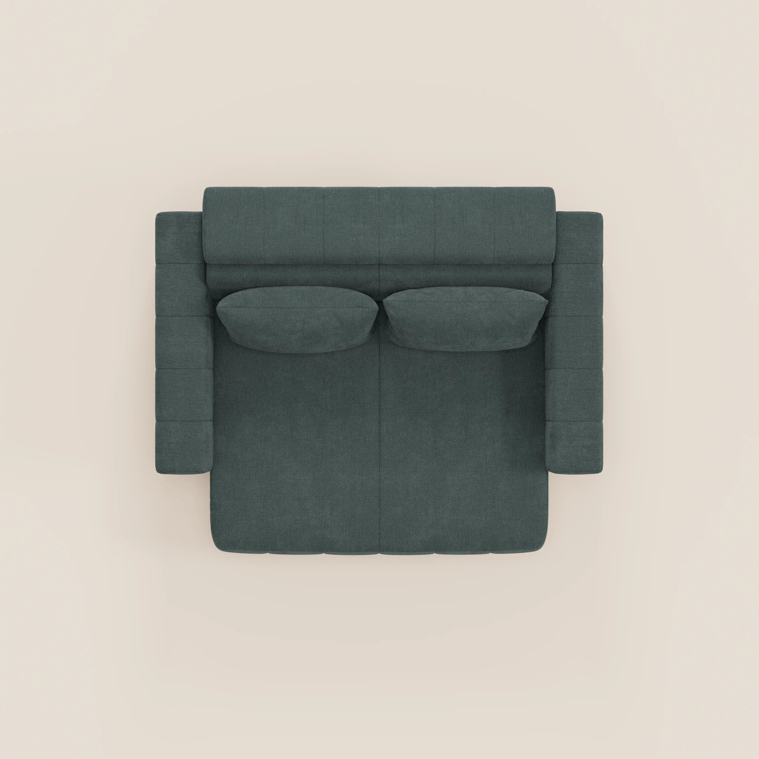 Doric Divano 3 posti di Divani.Store è un moderno divano quadrato verde scuro con due cuscini coordinati, caratterizzato da linee pulite, braccioli e schienale con spessa imbottitura e sedute estensibili tramite reclinazione elettrica con poggiatesta regolabile in tessuto T23 facile da pulire.