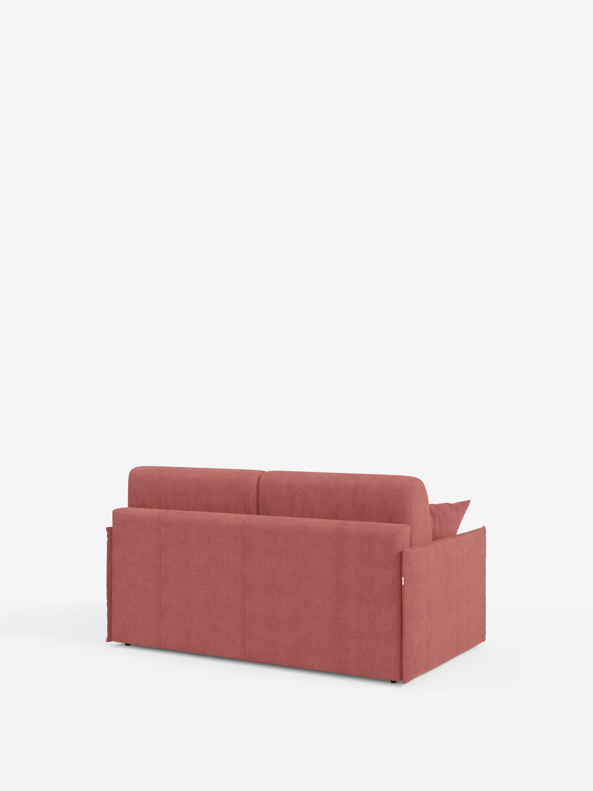Vista posteriore del divano letto matrimoniale sfoderabile Evans di Divani.Store, caratterizzato da un design moderno e compatto con due posti a sedere, rivestito in tessuto smacchiabile T23 in una tonalità di rosa tenue. Il divano è posizionato su uno sfondo bianco a tinta unita e presenta linee pulite, uno schienale basso con due cuscini, braccioli squadrati e un vano porta-cuscini integrato. Non sono visibili altri oggetti o dettagli.
