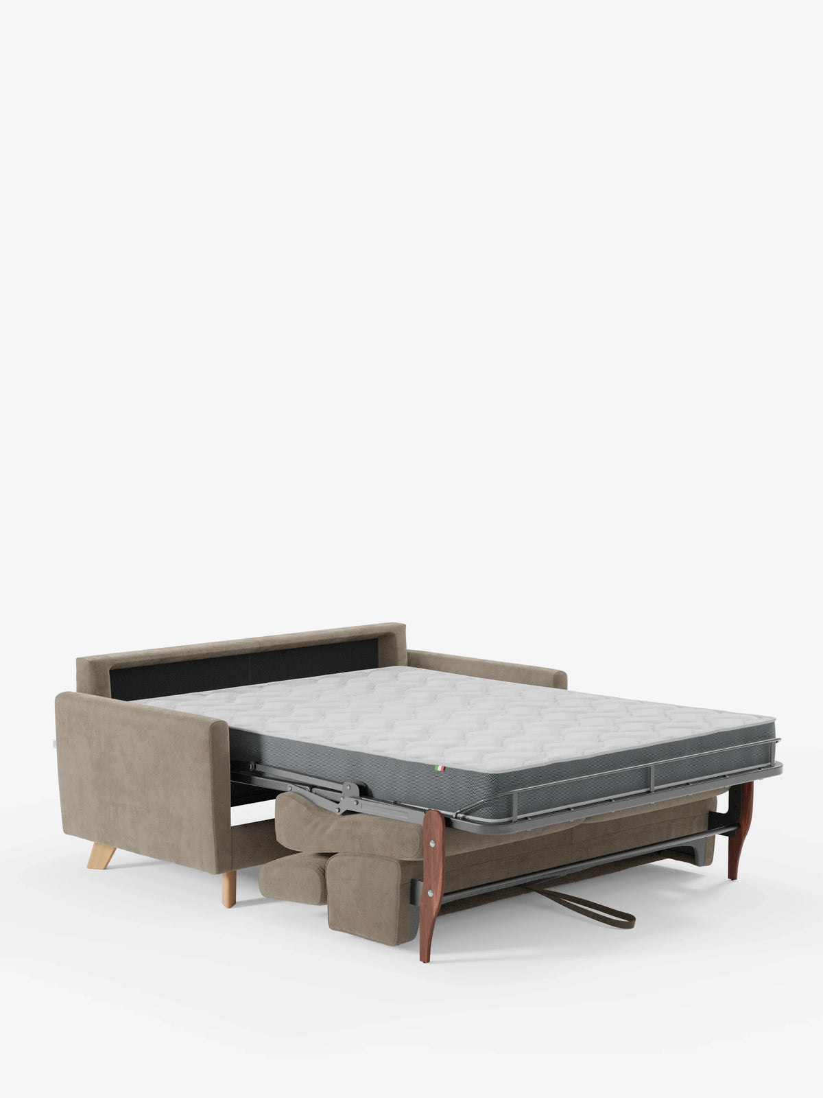 Un divano letto Francy color marrone chiaro con poggiatesta regolabili di Divani.Store è esposto completamente aperto, mostrando un materasso grigio e una robusta struttura di supporto in metallo. Caratterizzato da schienale e braccioli dal design semplice e moderno, questo divano con rivestimento rimovibile al 100% è rivestito in elegante tessuto T30, facile da pulire. Su uno sfondo bianco a tinta unita, si presenta come un divano a 2 posti di grande stile, ideale per qualsiasi ambiente contemporaneo.