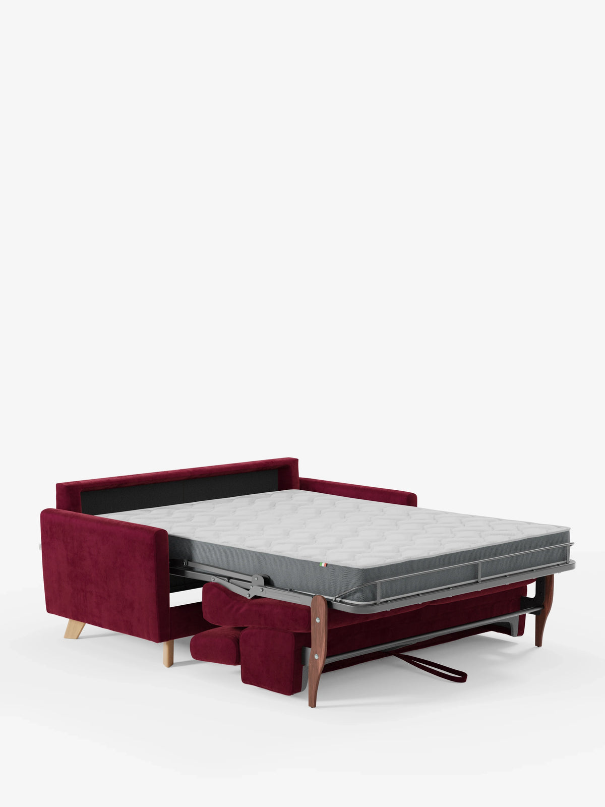 Il divano letto Francy con poggiatesta regolabili di Divani.Store, interamente rivestito in elegante tessuto T30 antimacchia in una ricca tonalità di bordeaux, è presentato aperto a letto con un materasso spesso di colore grigio chiaro. Il rivestimento in velluto, sfoderabile al 100%, si abbina perfettamente allo schienale e ai braccioli a vista del divano, mentre la struttura del letto estesa è sostenuta da gambe in legno chiaro e metallo che risaltano sullo sfondo bianco.