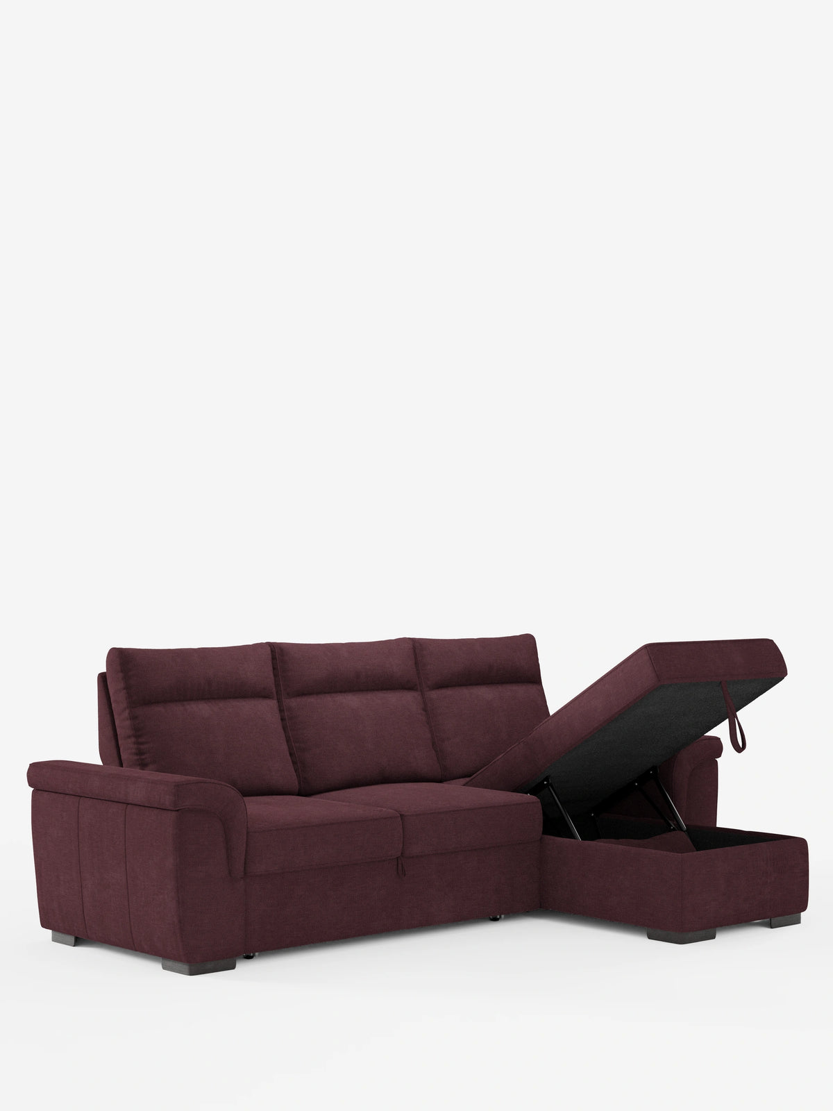 Un divano letto angolare Ischia color viola intenso con schienali scorrevoli, elemento estraibile e penisola contenitore in tessuto antimacchia misto lino, dotato di chaise longue ribaltabile con vano contenitore, schienali imbottiti e piedini bassi scuri su base bianca.