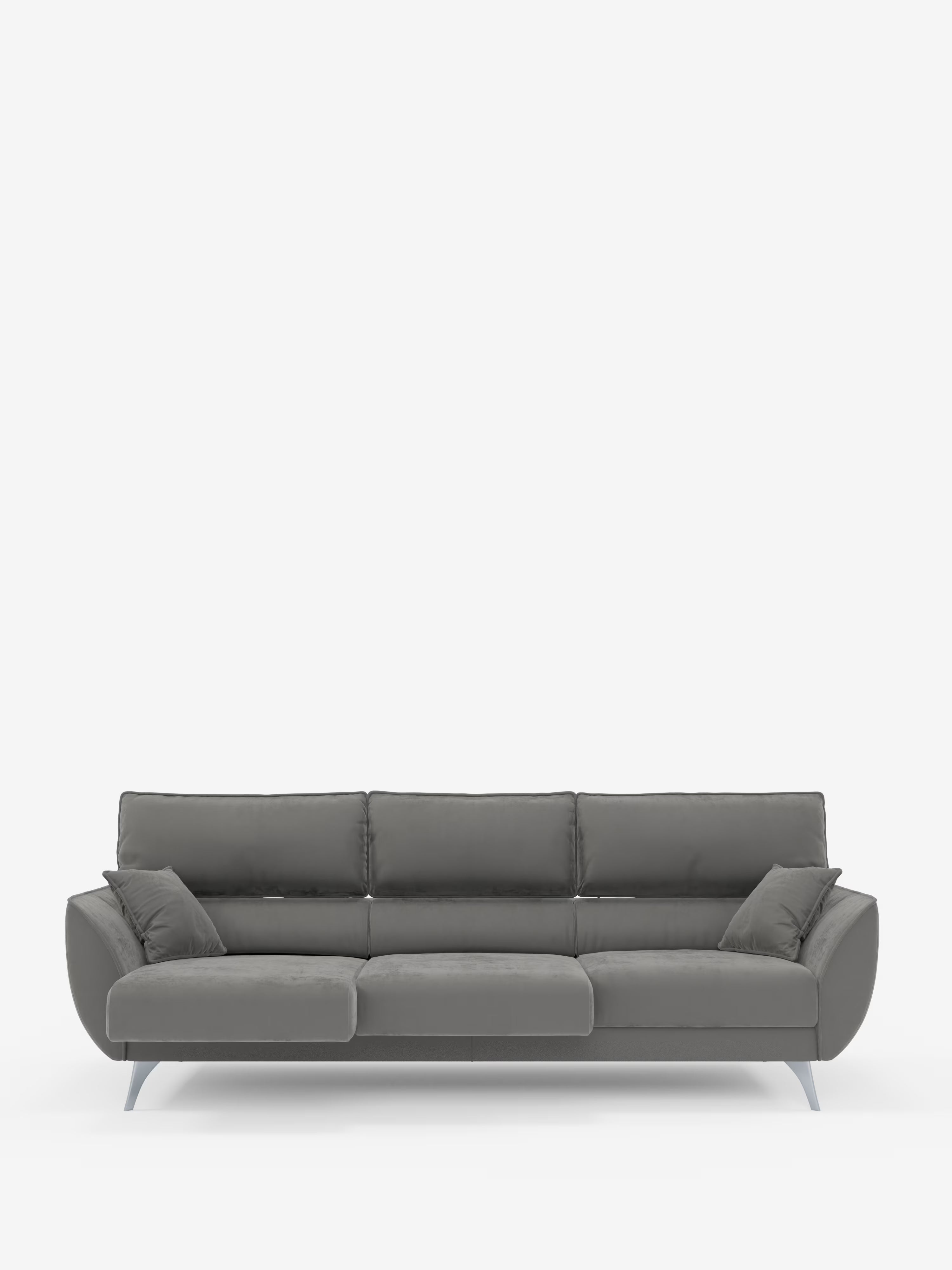 Il divano Michelangelo 4 Posti di Divani.Store, un elegante divano a quattro posti color grigio scuro rivestito in velluto T30 antimacchia, è dotato di tre sedute estensibili e poggiatesta regolabili. Posizionato su uno sfondo bianco a tinta unita, è caratterizzato da morbidi cuscini dello schienale e della seduta, braccioli angolati, sottili gambe in metallo e include due cuscini decorativi coordinati in ogni angolo per un maggiore comfort e versatilità.