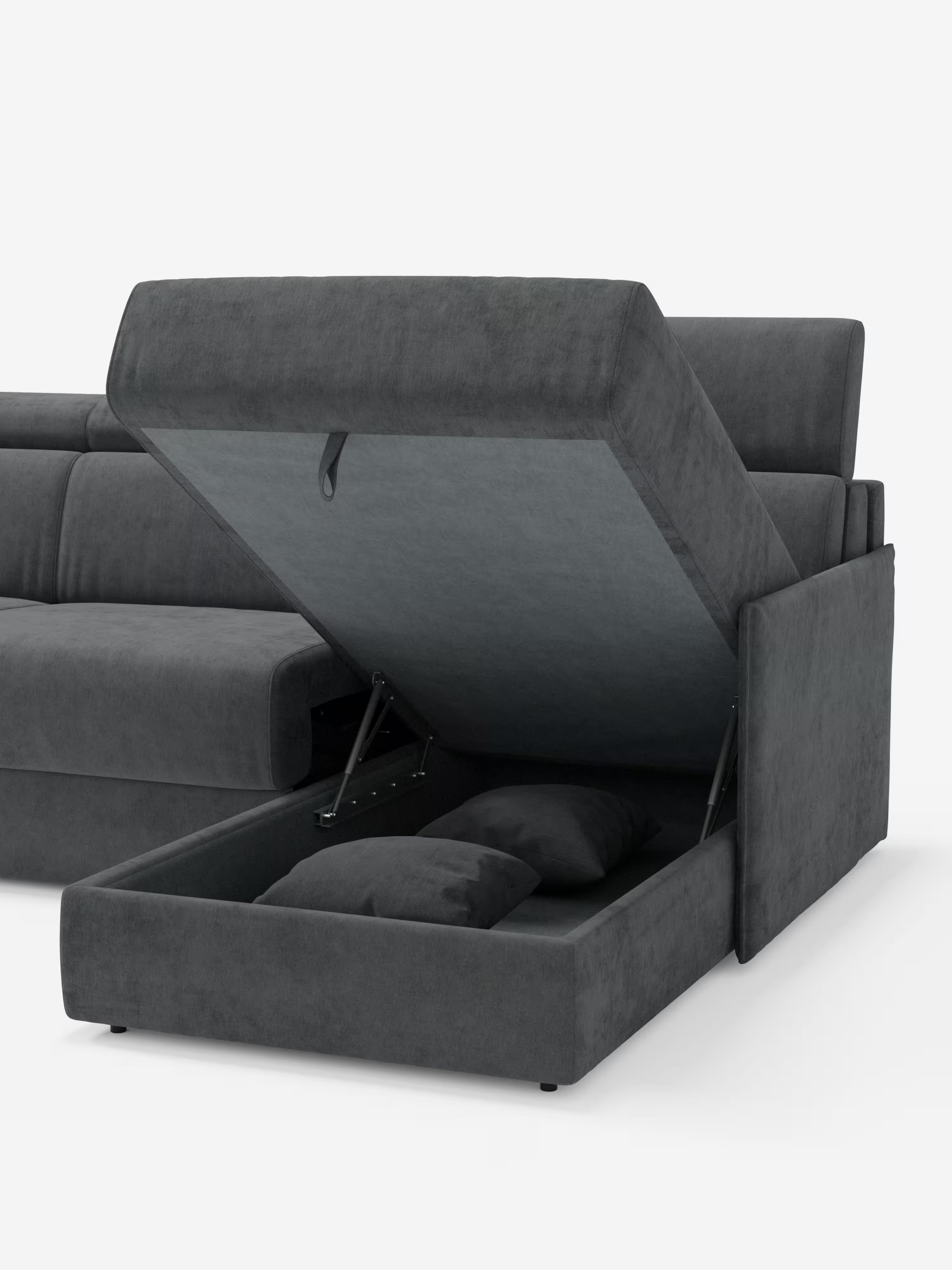 Miryam sofá cama esquinero compacto - reposacabezas reclinables y chaise longue con almacenaje en tejido antimanchas T31