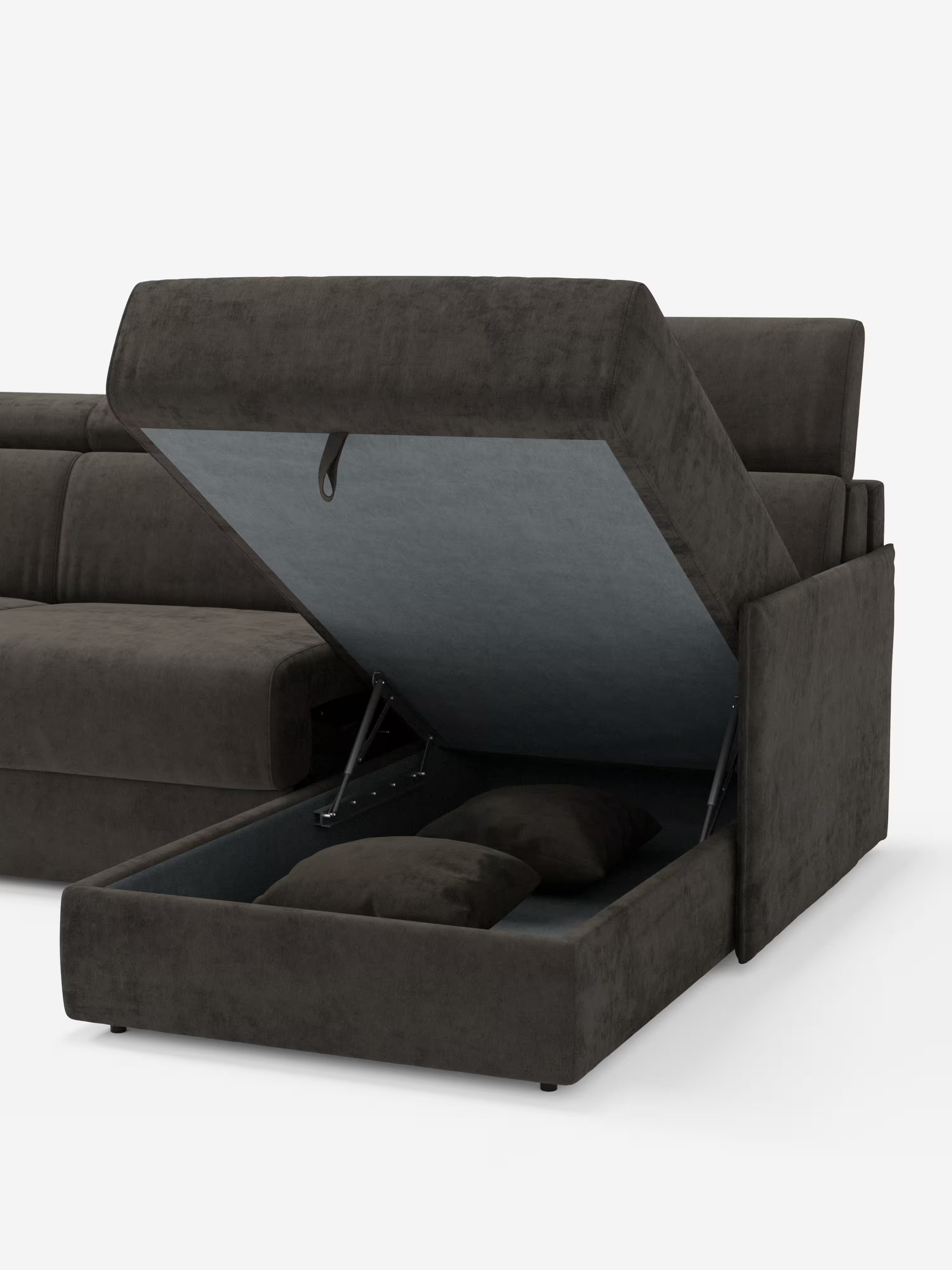 Miryam sofá cama esquinero compacto - reposacabezas reclinables y chaise longue con almacenaje en tejido antimanchas T31