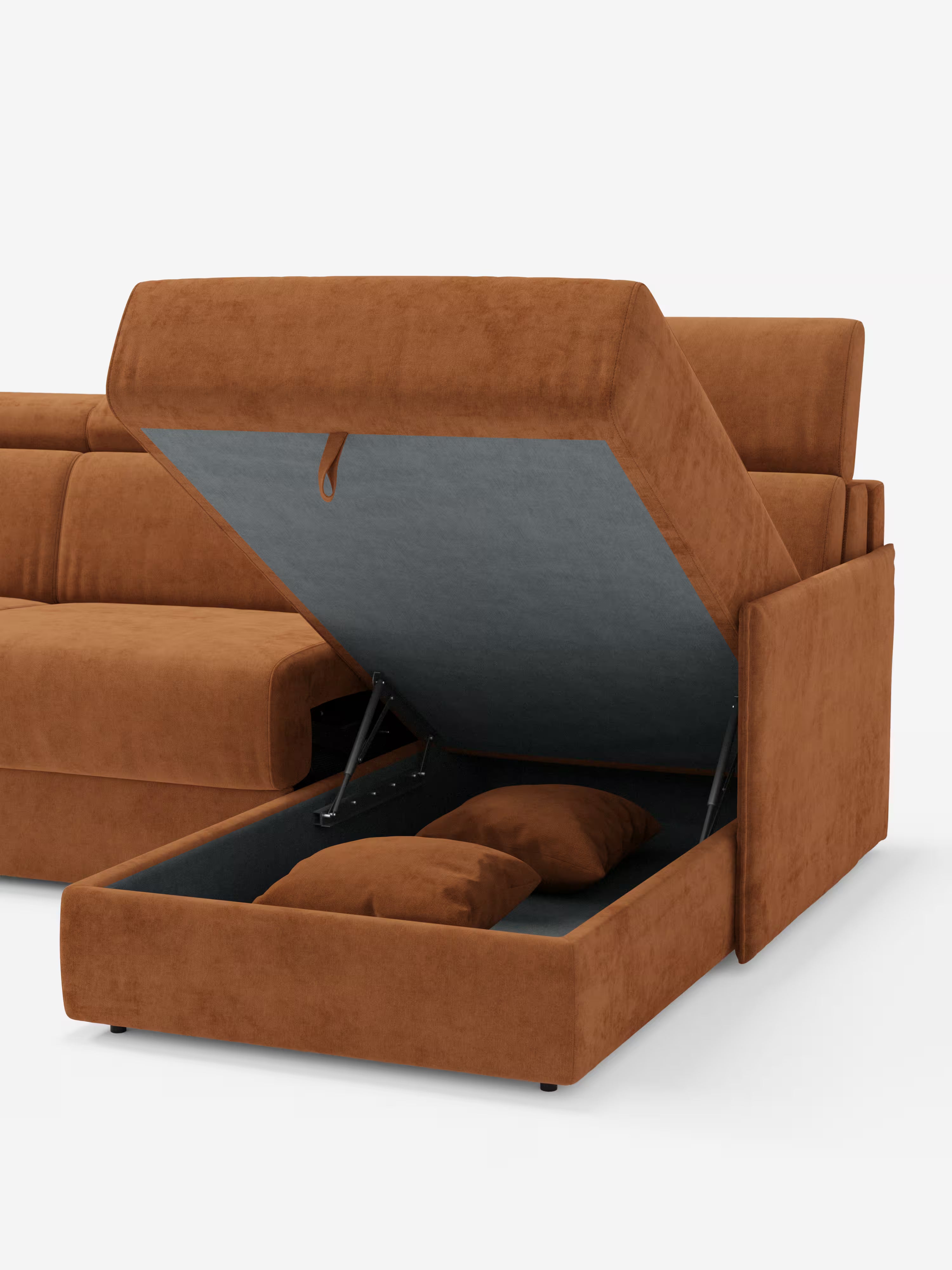 Miryam sofá cama esquinero compacto - reposacabezas reclinables y chaise longue con almacenaje en tejido antimanchas T31