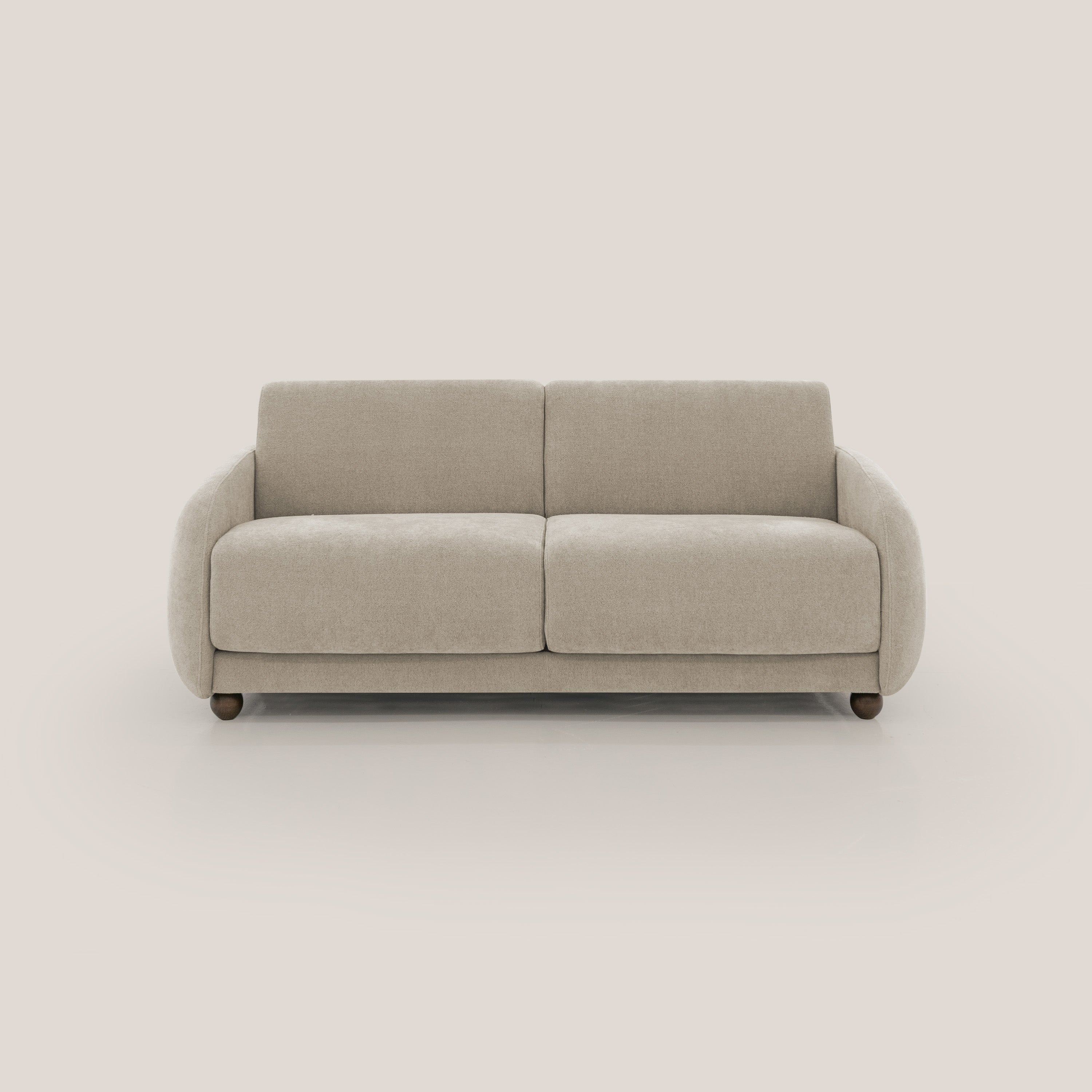 Giglio divano letto scandinavo japandi con materasso H18 cm in tessuto Bouclé impermeabile T07 beige - divani.store