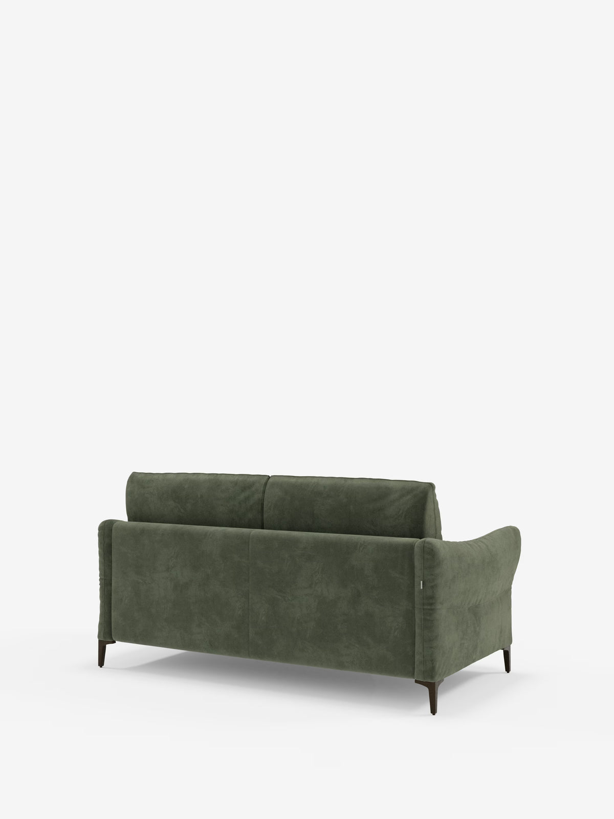 Un divano letto Dalia verde di Divani.Store, rivestito in velluto T30 moderno e resistente alle macchie, è ripreso dalla parte posteriore. Presenta due cuscini dello schienale, braccioli leggermente ricurvi e quattro gambe in legno scuro, su uno sfondo bianco a tinta unita.